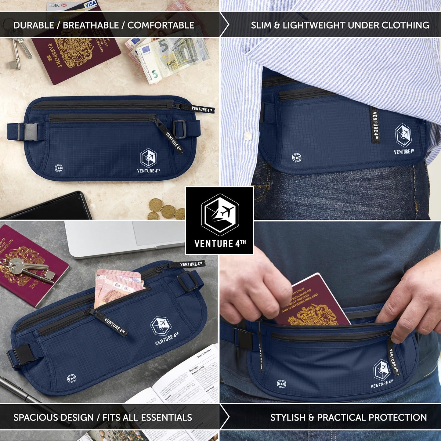 VENTURE 4TH Travel Money Belt - RFID Blocking (Gray)