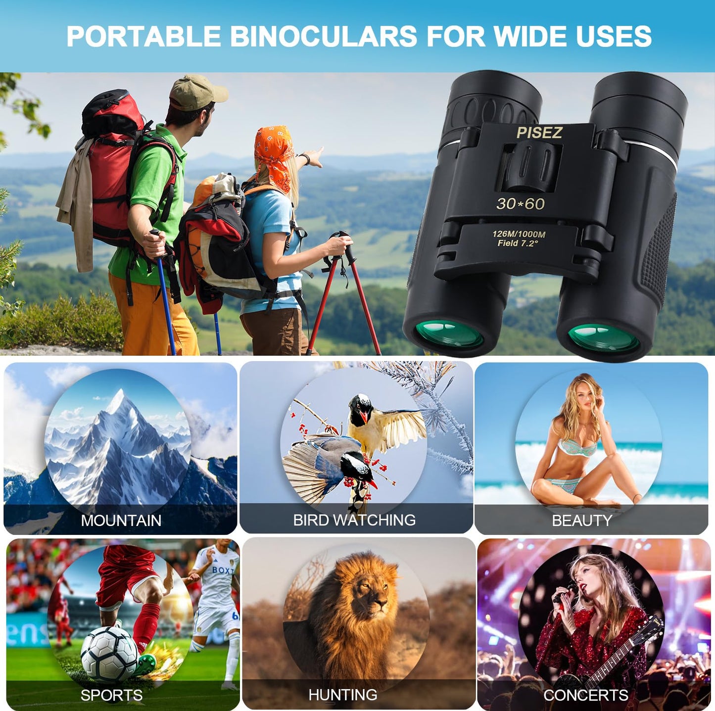 PISEZ 30X60 Compact Binoculars for Adults and Kids，Lightweight Foldable Easy Focus Small Binoculars for Bird Watching Hunting Concert Traveling Theater Opera Sightseeing