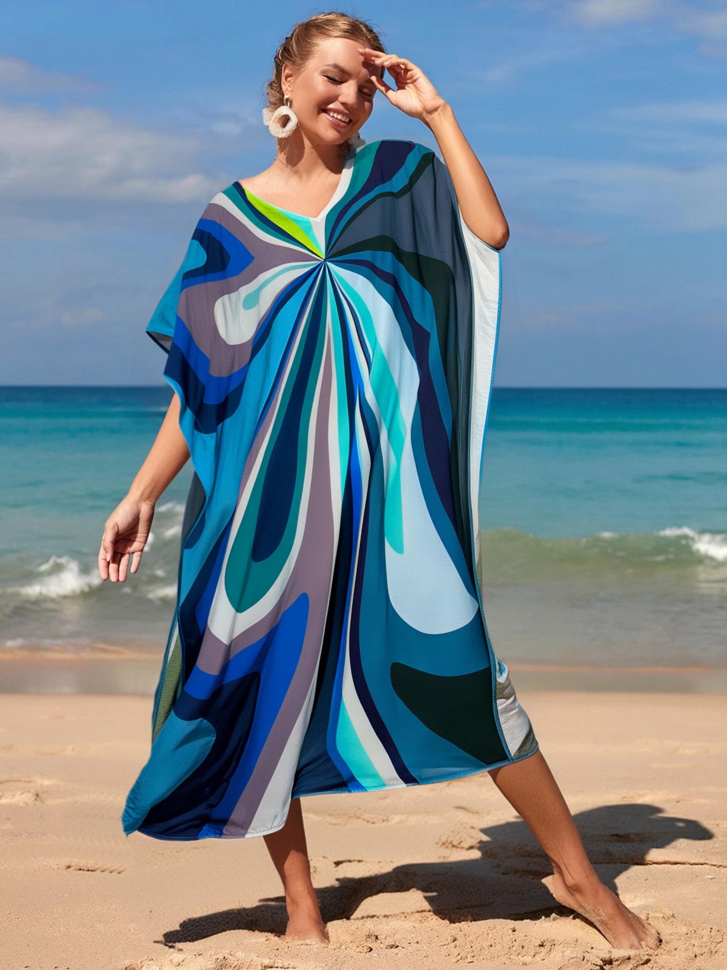 RanRui Floral Print Kaftan Dresses for Women Ethnic Boho Print Swim Cover up Batwing Sleeve Vneck Caftans