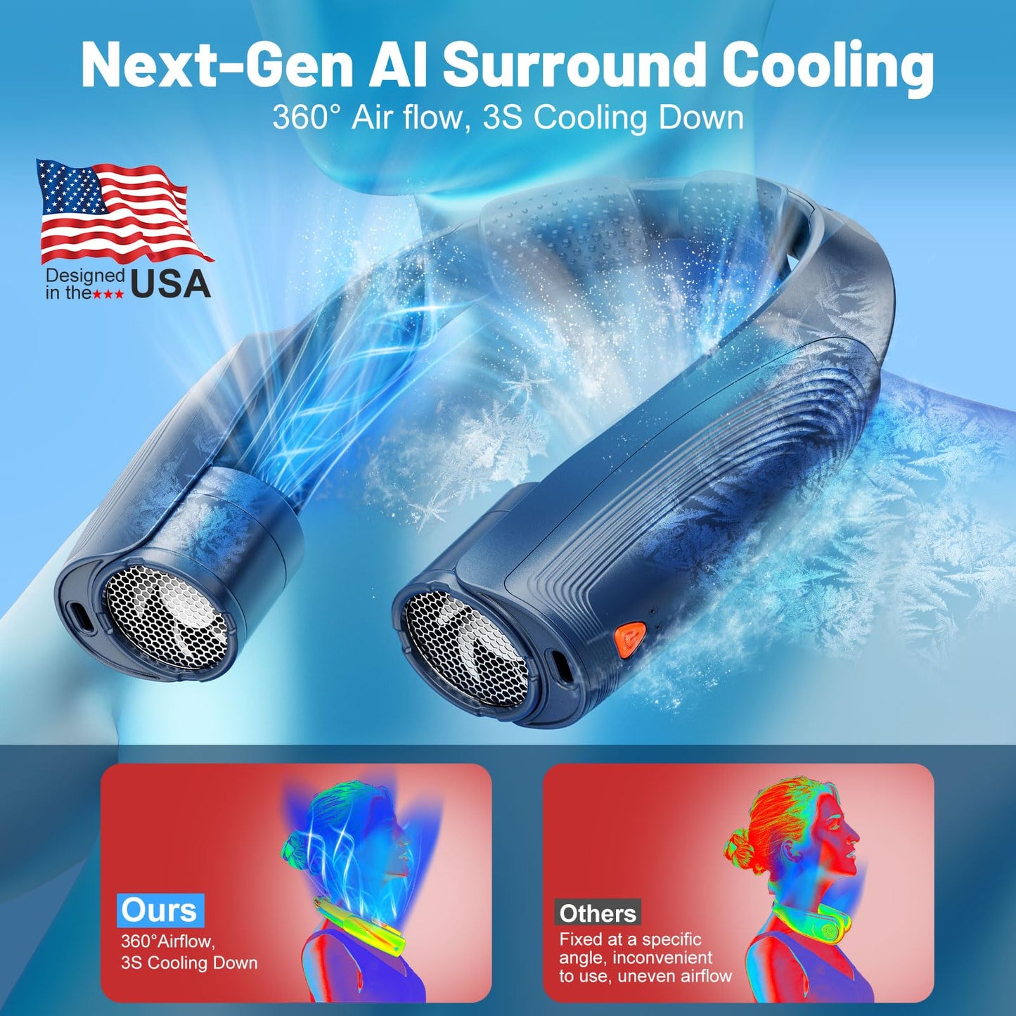 AI Portable Neck Fan with 6 Powerful Speeds, 8000mAh Battery Operated USB-C Rechargeable Fan, Hands-Free 360° Cooling Neck Fan,Twistable,Ultra-Quiet Personal Fan for Women Men Office Travel(Blue)