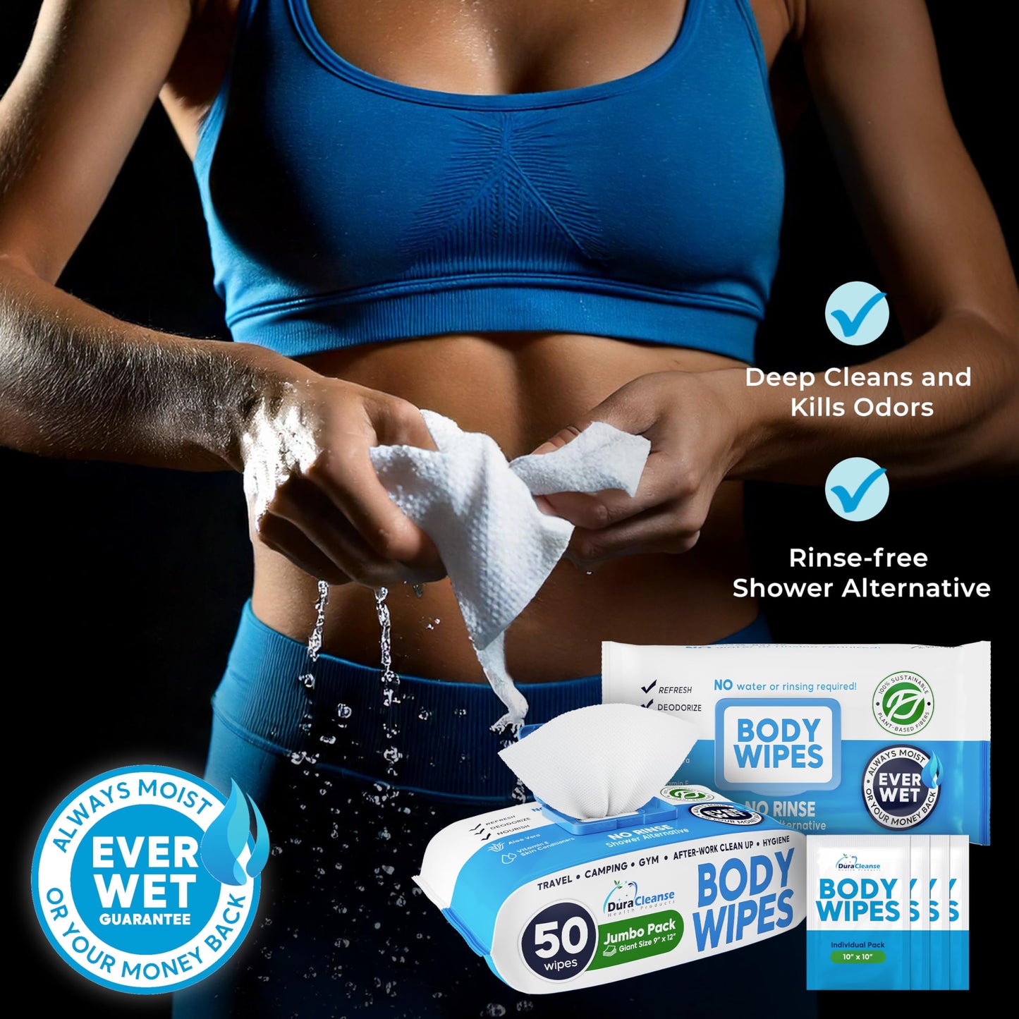 Body Wipes for Adults Bathing No Rinse - 20 Count Travel Shower Wipes - 9" x 12" Individually Wrapped Thick Cleansing Waterless Wash Scrubs - Disposable Washcloths for Camping & Elderly Incontinence