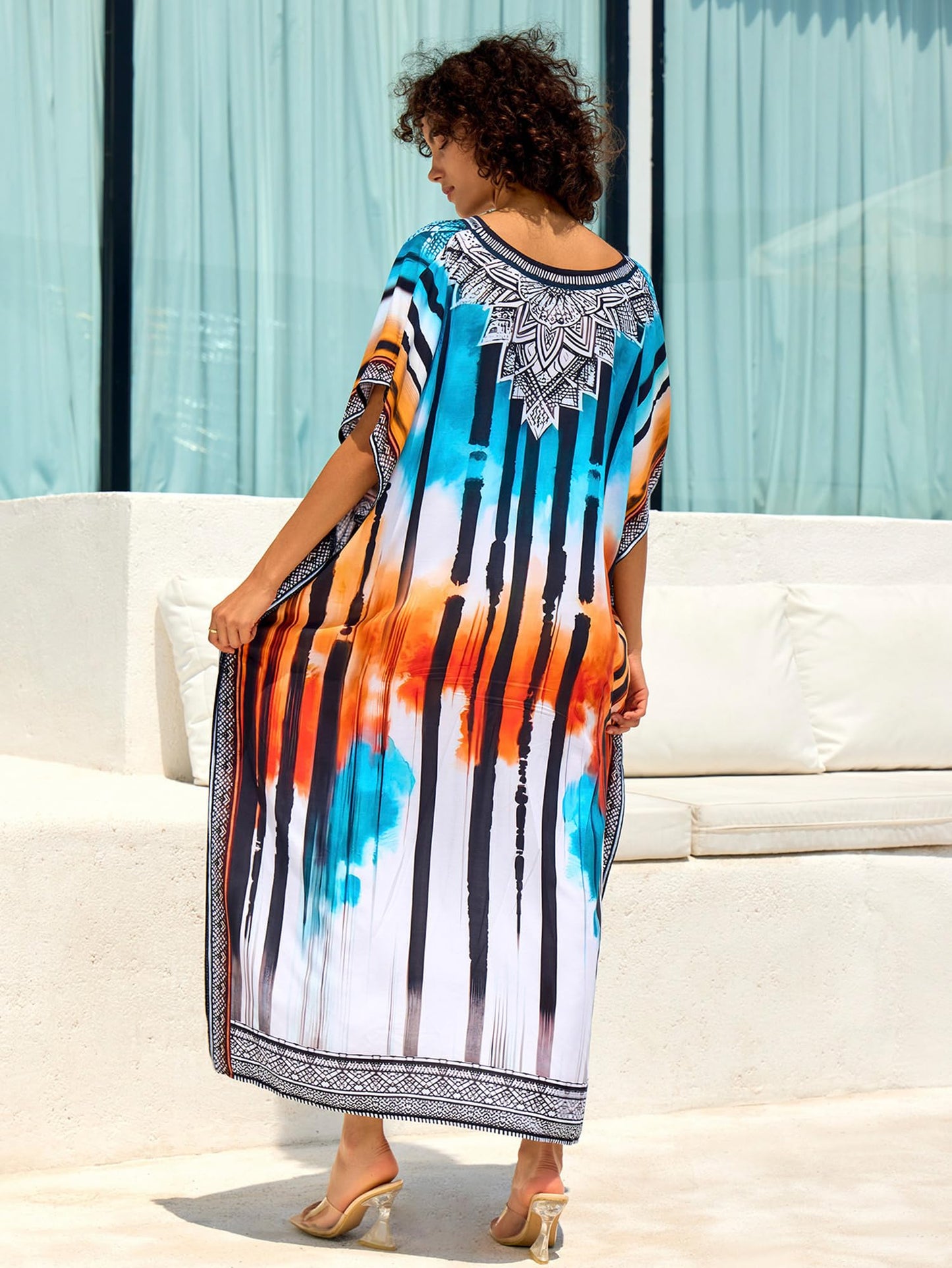 Chunoy Women V Neck Kaftan Casual Bathing Suit Kimono Sleeve Side Split Beach Cover Up Caftan Dress