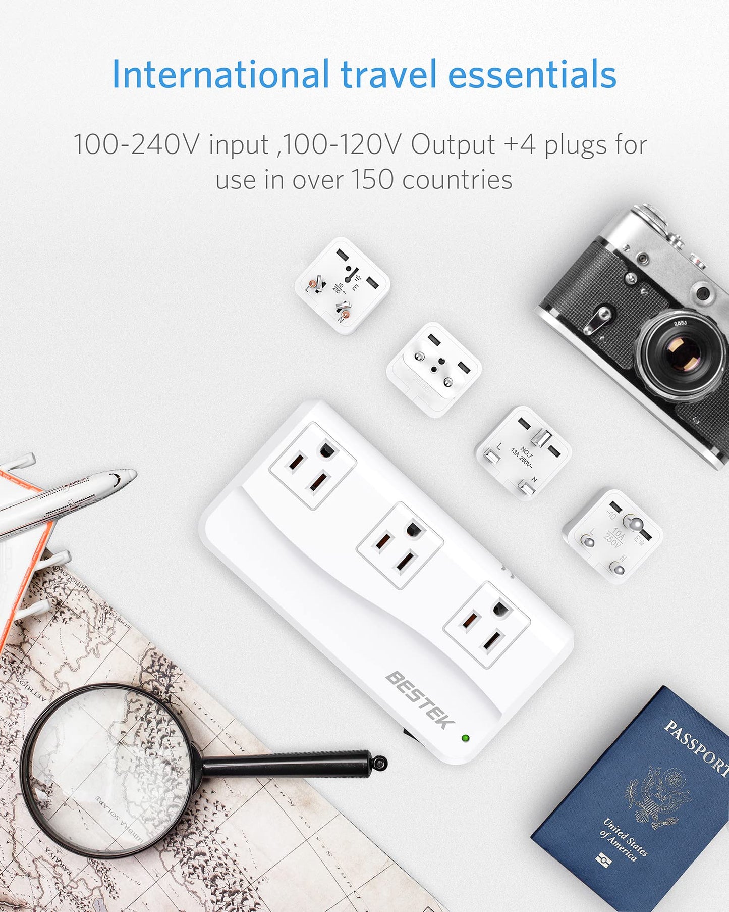 BESTEK Universal Travel Adapter 220V to 110V Voltage Converter with 6A 4-Port USB Charging and UK/AU/US/EU Worldwide Plug Adapter (White)