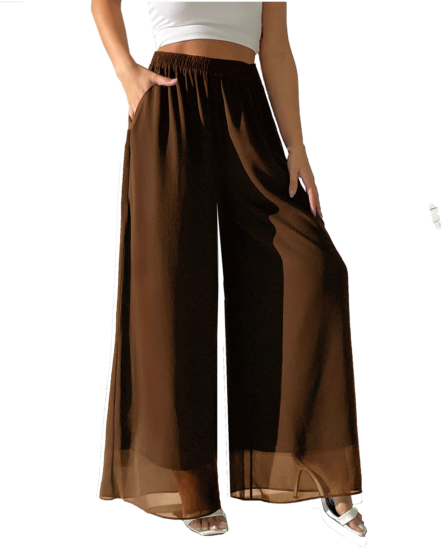 heipeiwa Women's Chiffon Dress Beach Wide Leg Palazzo Pants Elastic Waist Trouser