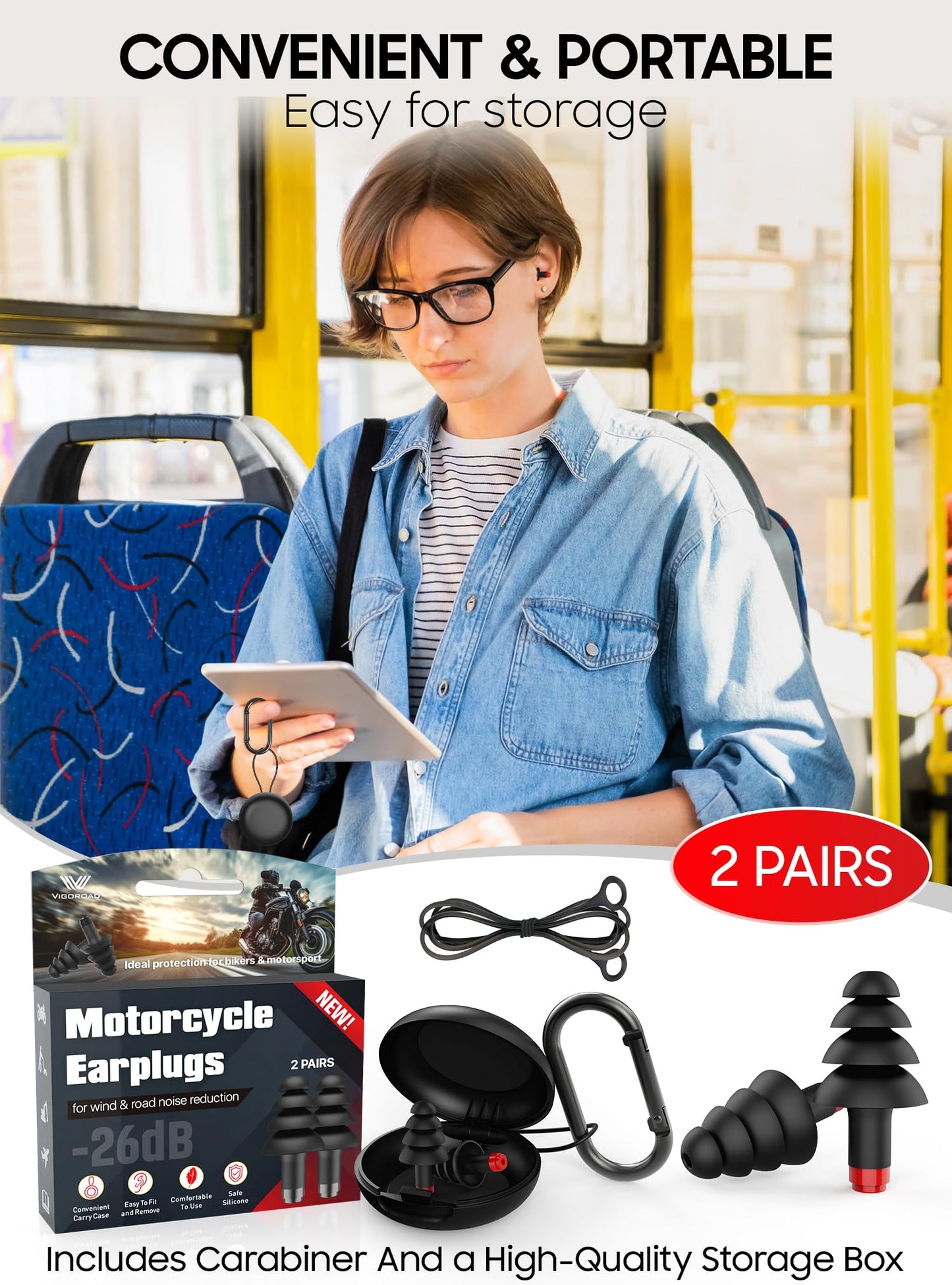 Ear Plugs for Airplane Pressure Relief, 2 Pairs Adults Soft Silicone Reusable Airplane Earplugs 26dB, with Silicone Connector Cord, Travel Essentials for Flying, Ear Protection Earplugs for Plane