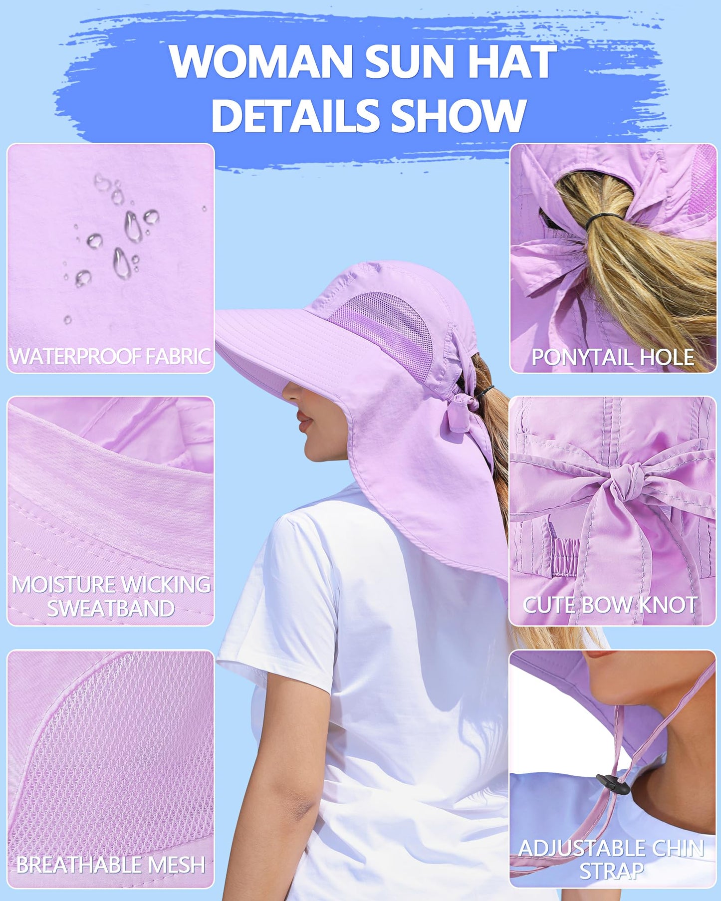 Womens Sun Hat Outdoor UV Protection Wide Brim Fishing Hat with Ponytail Hole Neck Flap for Beach Hiking Camping