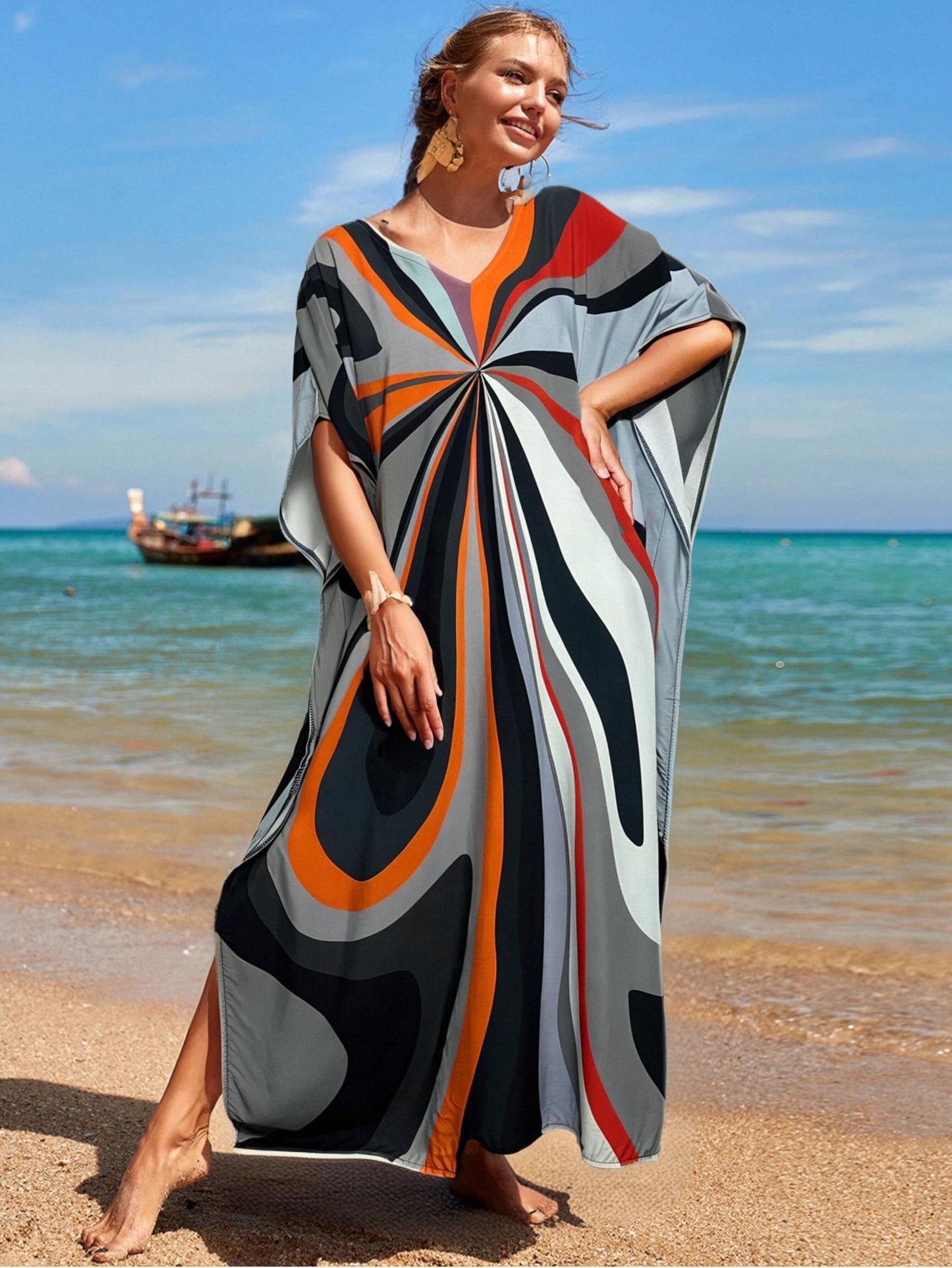 RanRui Floral Print Kaftan Dresses for Women Ethnic Boho Print Swim Cover up Batwing Sleeve Vneck Caftans