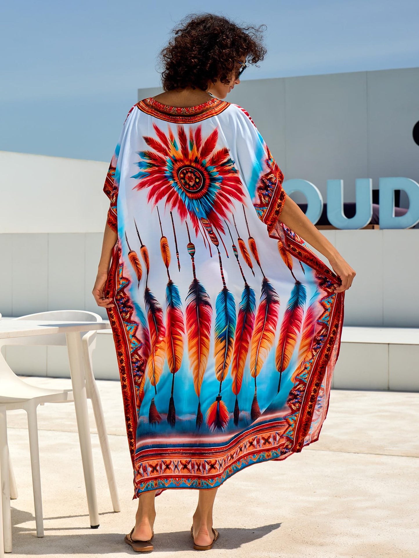 Chunoy Women V Neck Kaftan Casual Bathing Suit Kimono Sleeve Side Split Beach Cover Up Caftan Dress