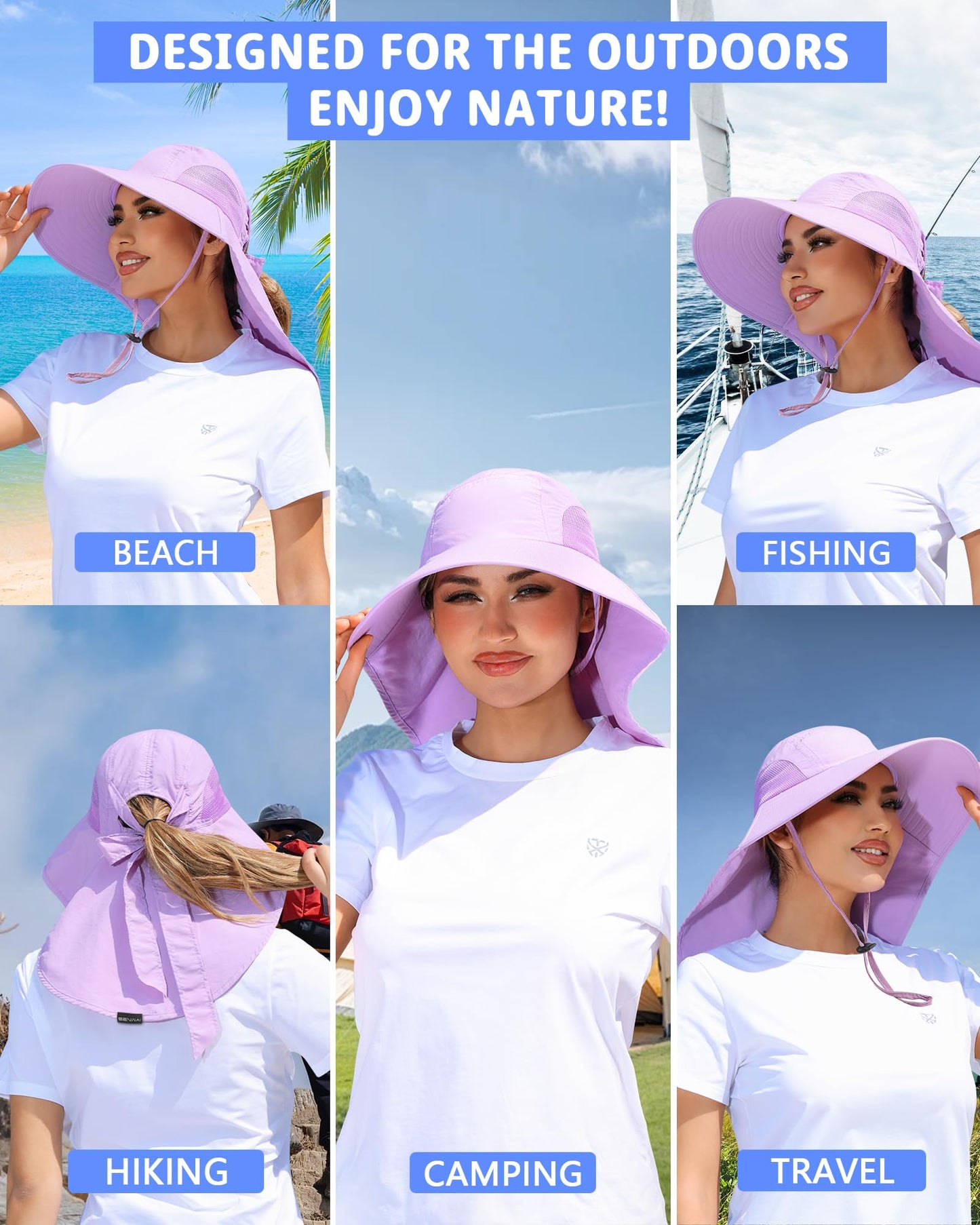Womens Sun Hat Outdoor UV Protection Wide Brim Fishing Hat with Ponytail Hole Neck Flap for Beach Hiking Camping