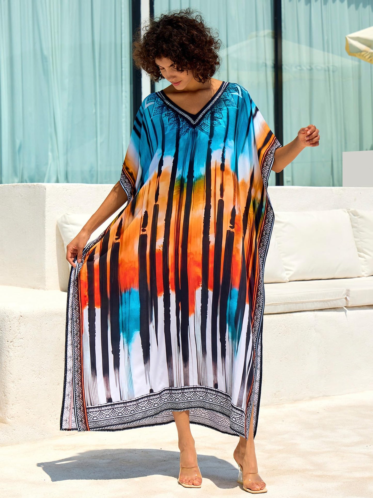 Chunoy Women V Neck Kaftan Casual Bathing Suit Kimono Sleeve Side Split Beach Cover Up Caftan Dress