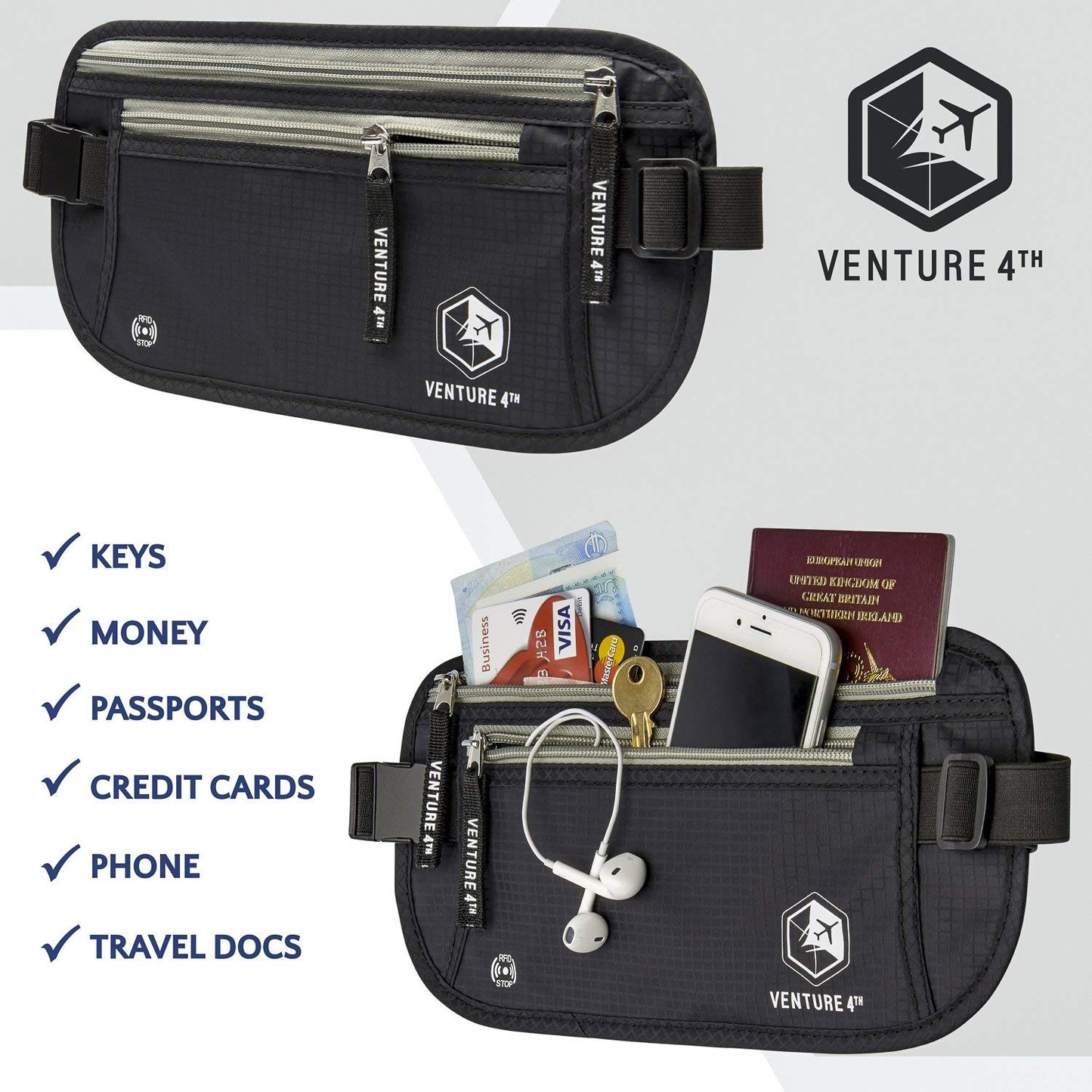 VENTURE 4TH Travel Money Belt - RFID Blocking (Gray)