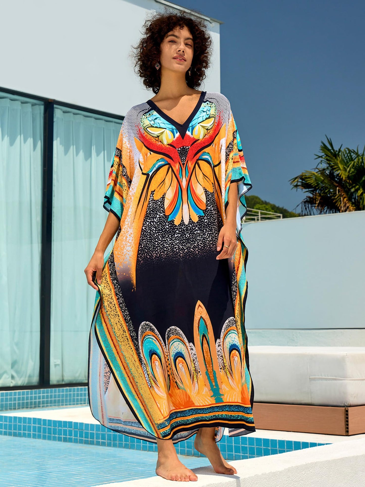 Chunoy Women V Neck Kaftan Casual Bathing Suit Kimono Sleeve Side Split Beach Cover Up Caftan Dress