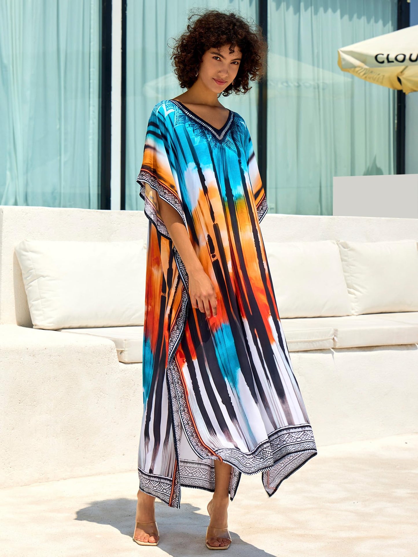 Chunoy Women V Neck Kaftan Casual Bathing Suit Kimono Sleeve Side Split Beach Cover Up Caftan Dress