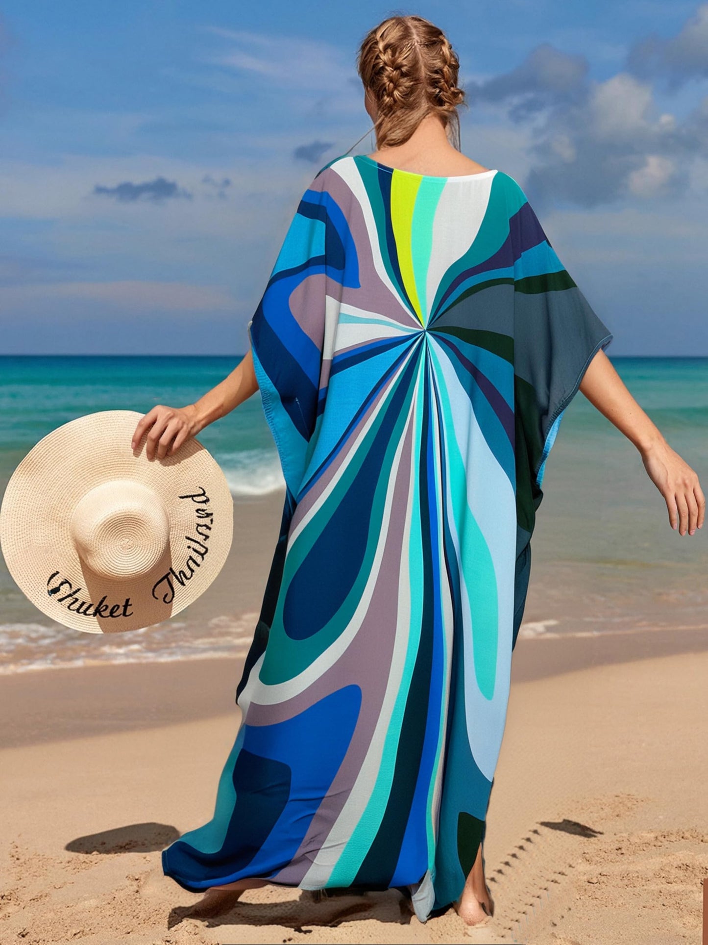 RanRui Floral Print Kaftan Dresses for Women Ethnic Boho Print Swim Cover up Batwing Sleeve Vneck Caftans