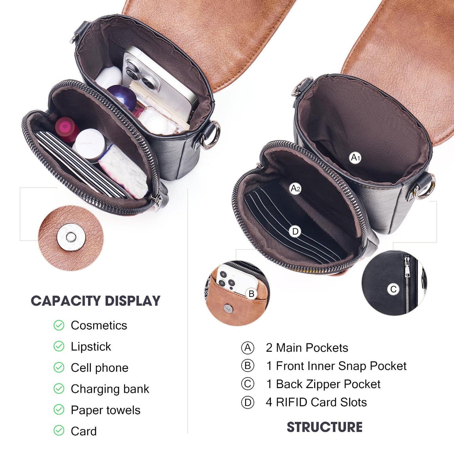 POIUGOYA Small Crossbody Bags for Women Trendy,Leather Triple Compartment Cell Phone Crossbody Wallet Purses with Card Slots