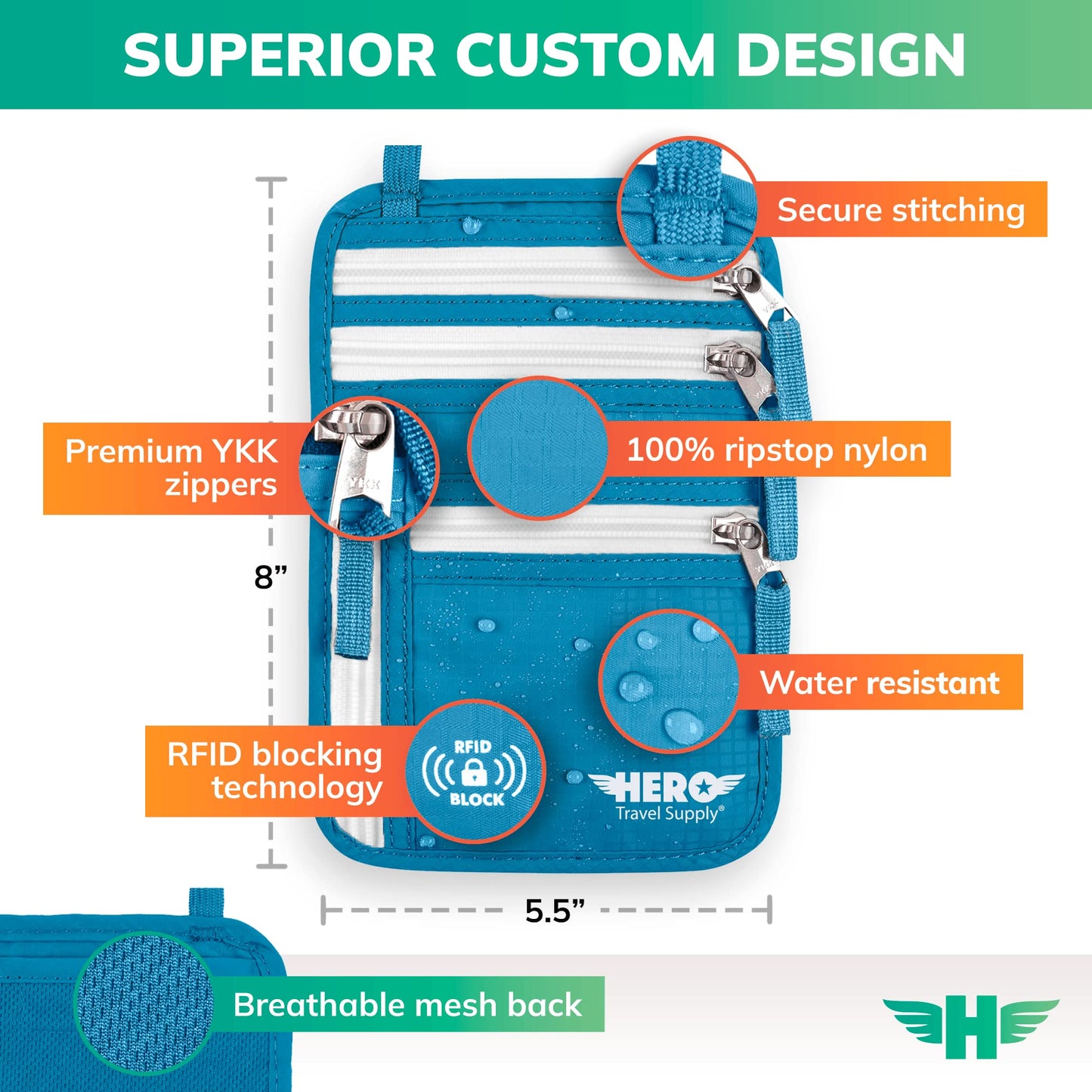 HERO Neck Wallet, RFID Blocking Passport Holder, Easy to Conceal Travel Pouch