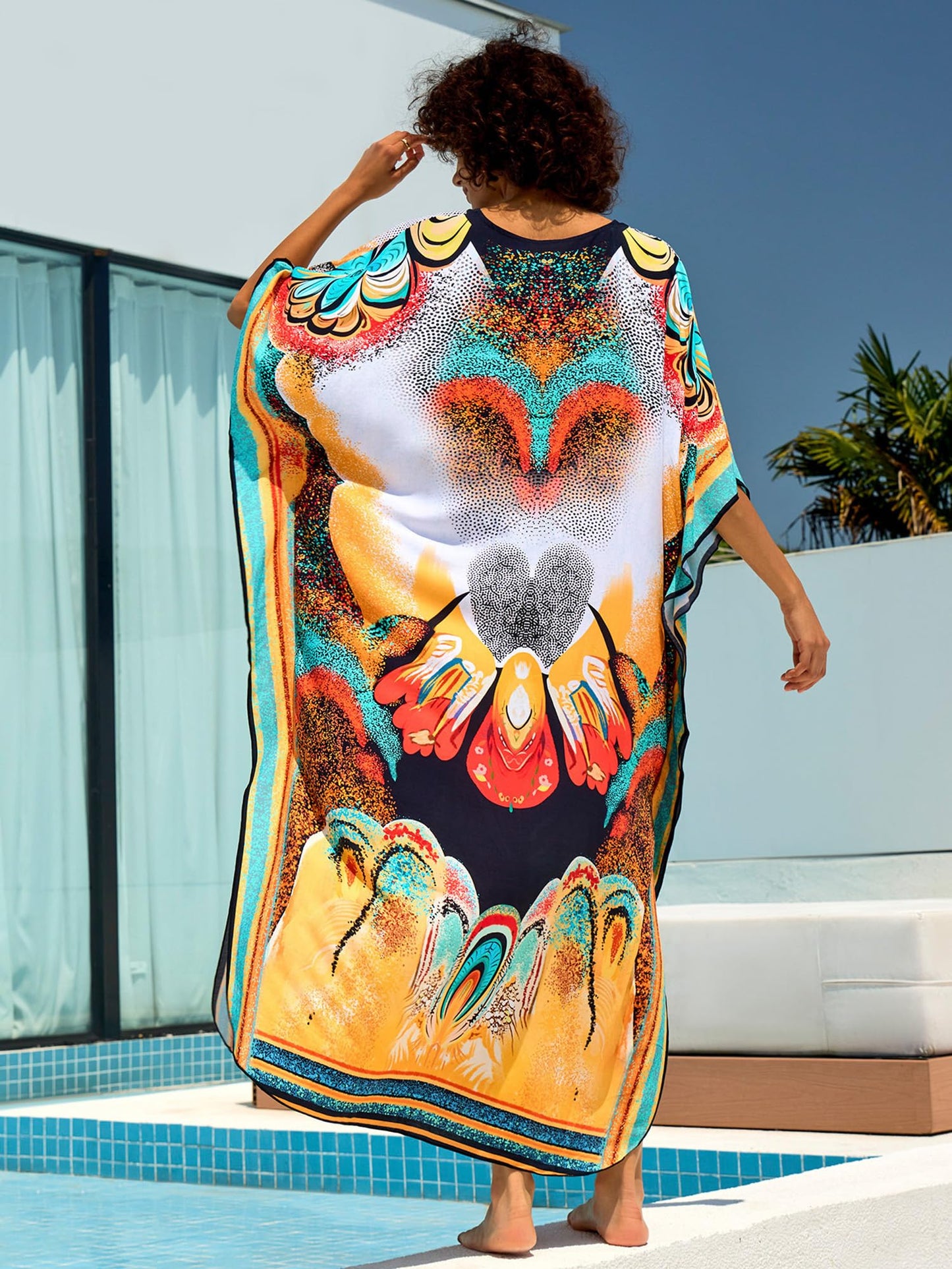 Chunoy Women V Neck Kaftan Casual Bathing Suit Kimono Sleeve Side Split Beach Cover Up Caftan Dress