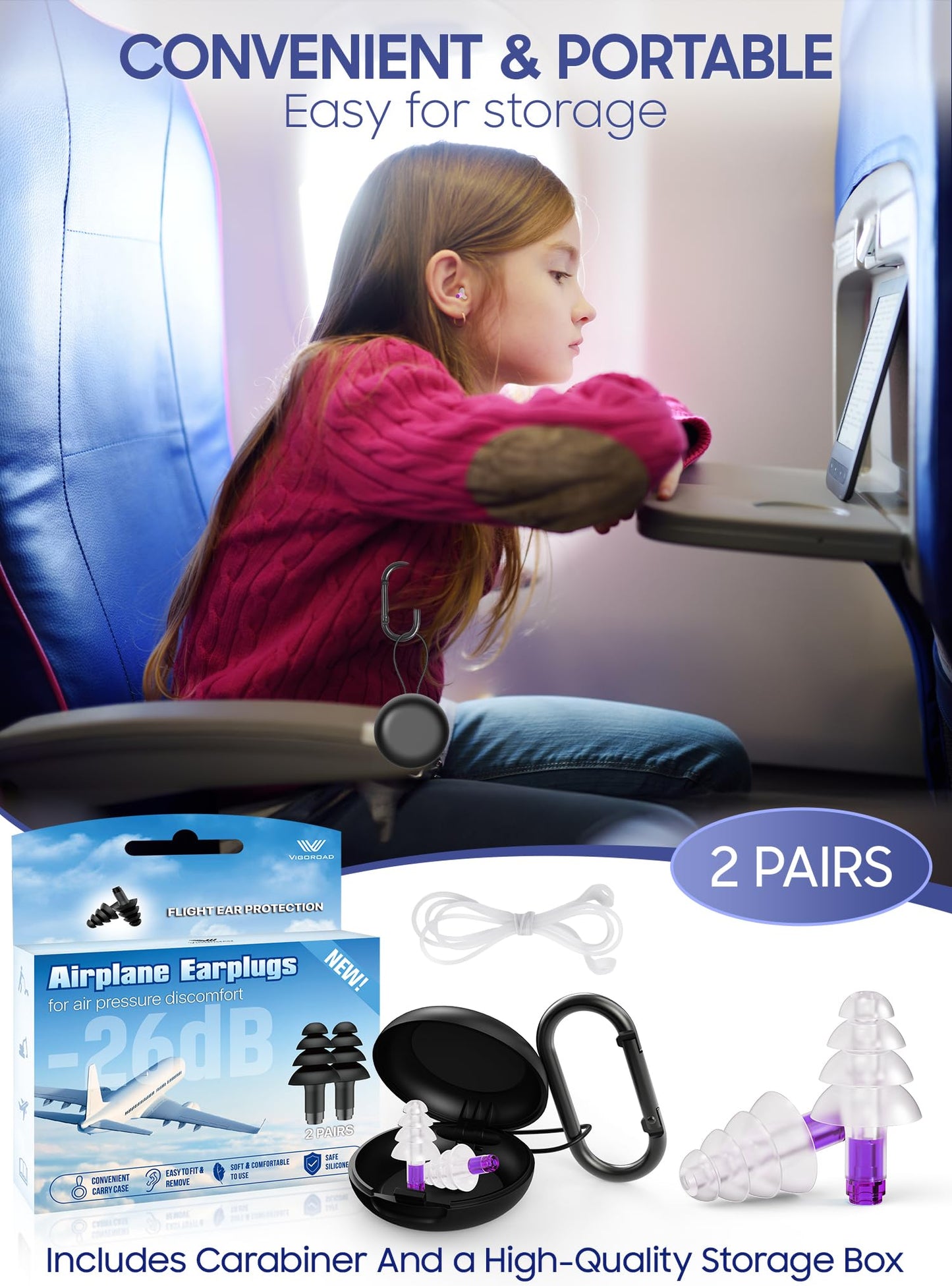 Ear Plugs for Airplane Pressure Relief, 2 Pairs Adults Soft Silicone Reusable Airplane Earplugs 26dB, with Silicone Connector Cord, Travel Essentials for Flying, Ear Protection Earplugs for Plane