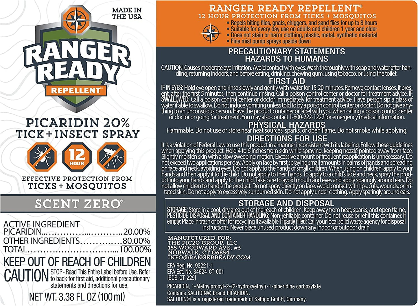 Ranger Ready Repellents Picaridin Insect Repellent Spray - Mosquito Repellent and Tick Spray, Scent Zero, Travel Size Bug Spray (3.4 oz, Pack of 1)