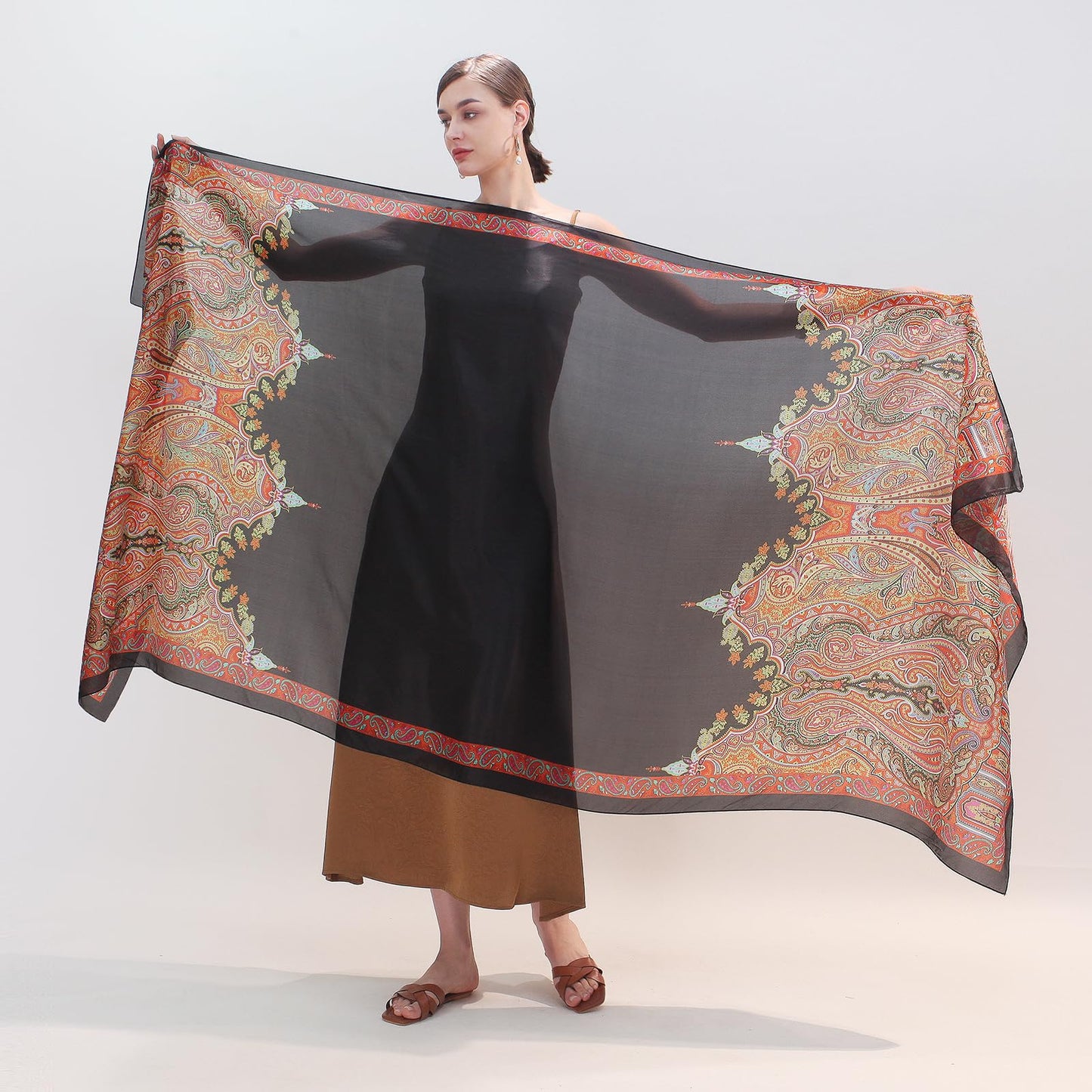 DANA XU 100% Mulberry Satin Silk Summer Travel Scarf Extra Large Women Floral Shawl Oversize Soft Wraps For Evening Dresses
