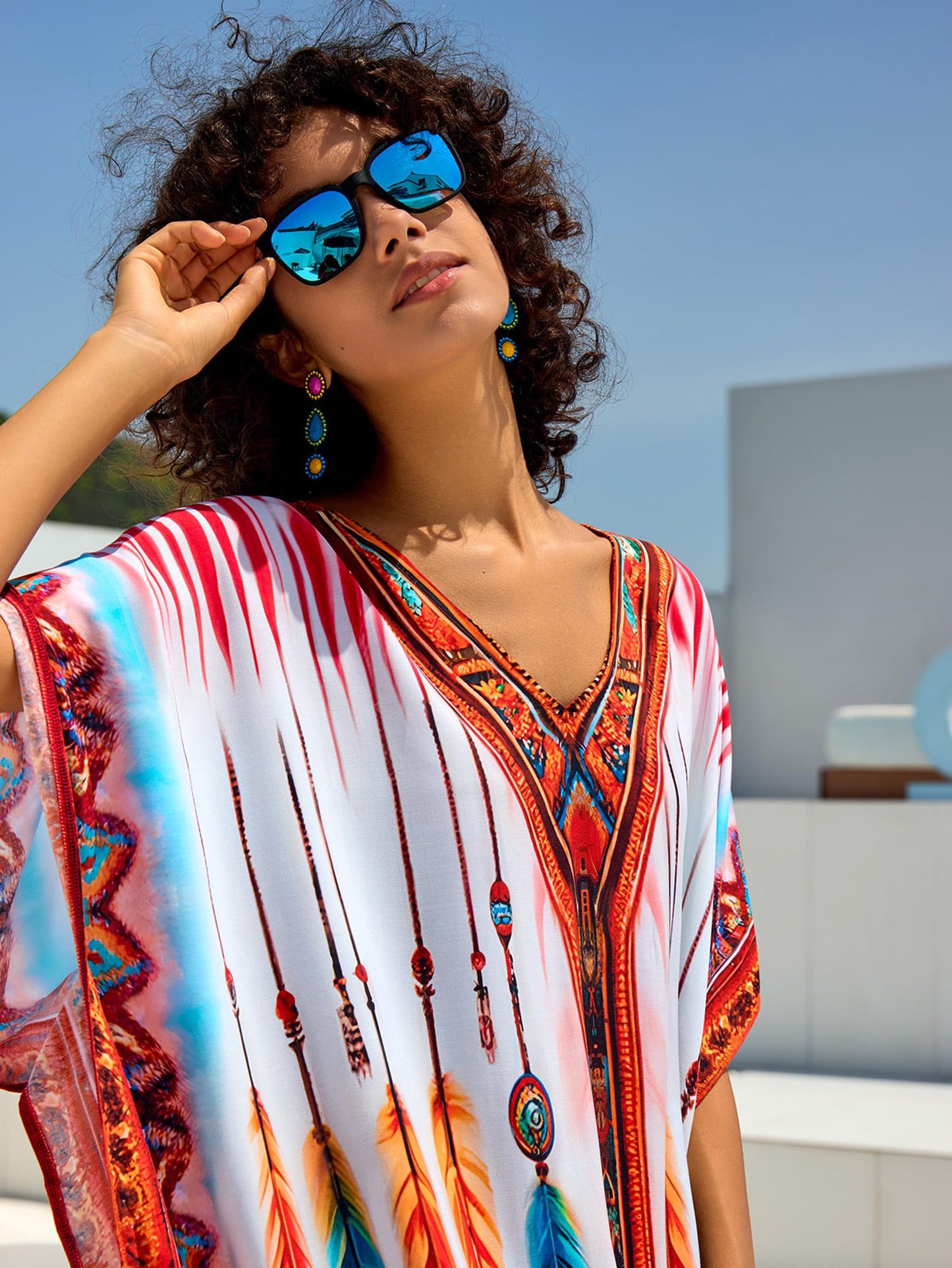 Chunoy Women V Neck Kaftan Casual Bathing Suit Kimono Sleeve Side Split Beach Cover Up Caftan Dress