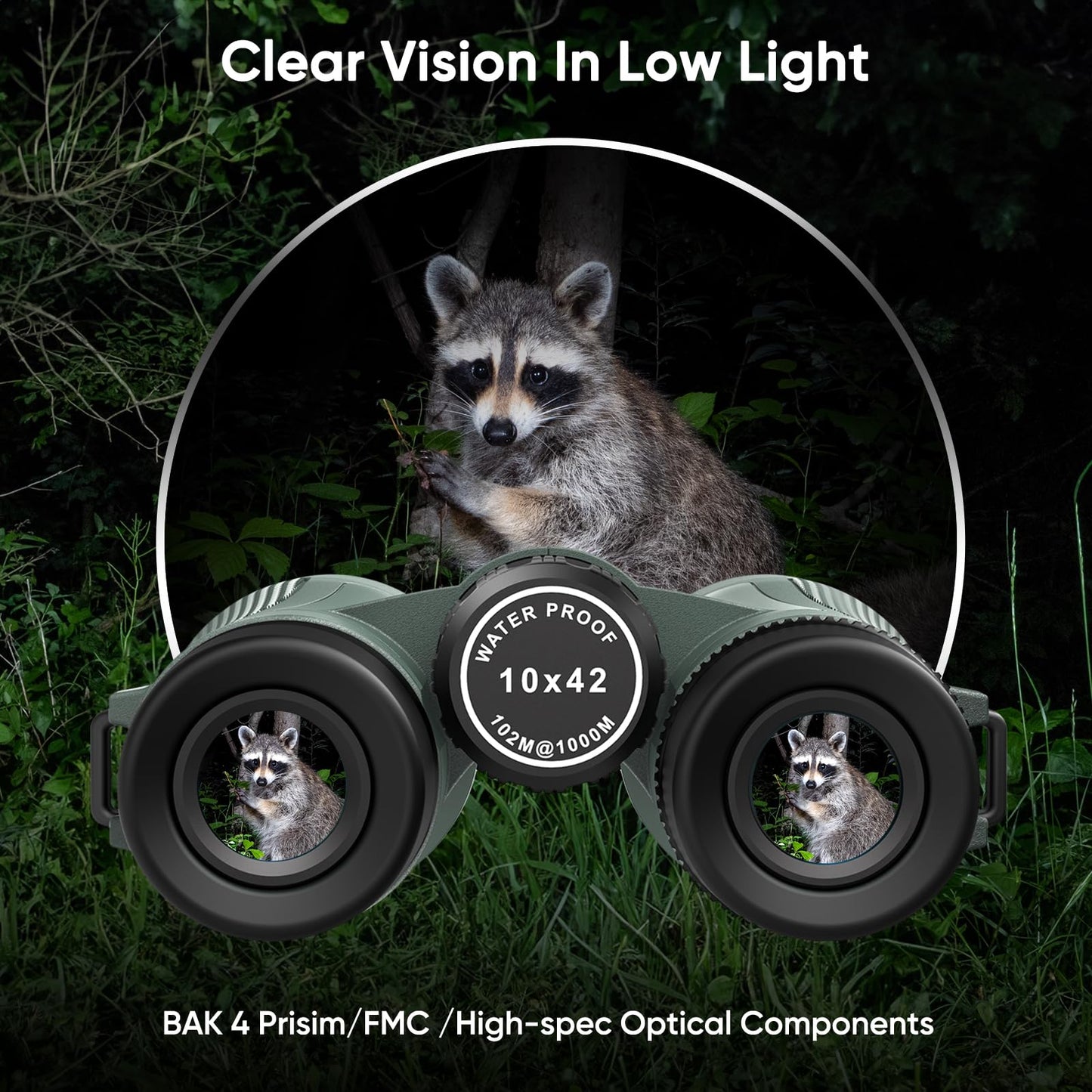 WOSPORTS 10x42 Binoculars for Adults, IPX7 Waterproof Binoculars with Clear Low Light Vision, Compact Binoculars for Bird Watching Hunting Cruise Travel, Green, BC01-GRE