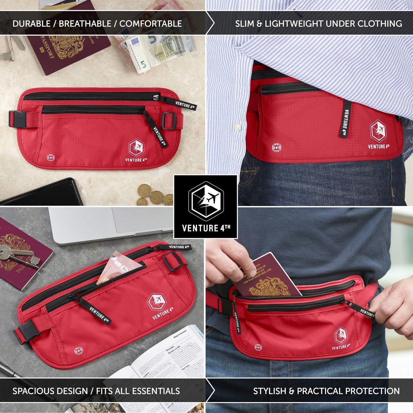 VENTURE 4TH Travel Money Belt - RFID Blocking (Gray)