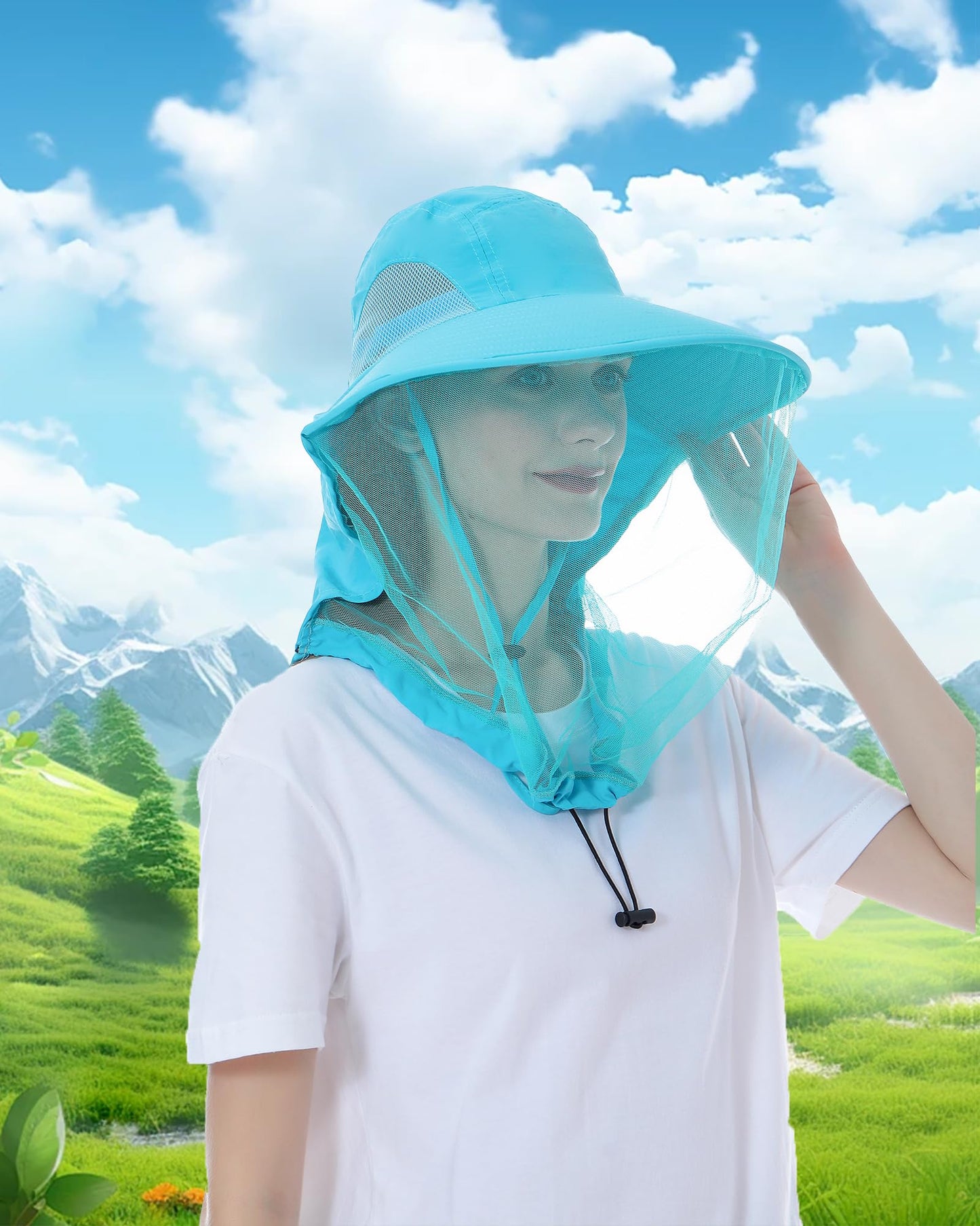 Womens Sun Hat Outdoor UV Protection Wide Brim Fishing Hat with Ponytail Hole Neck Flap for Beach Hiking Camping