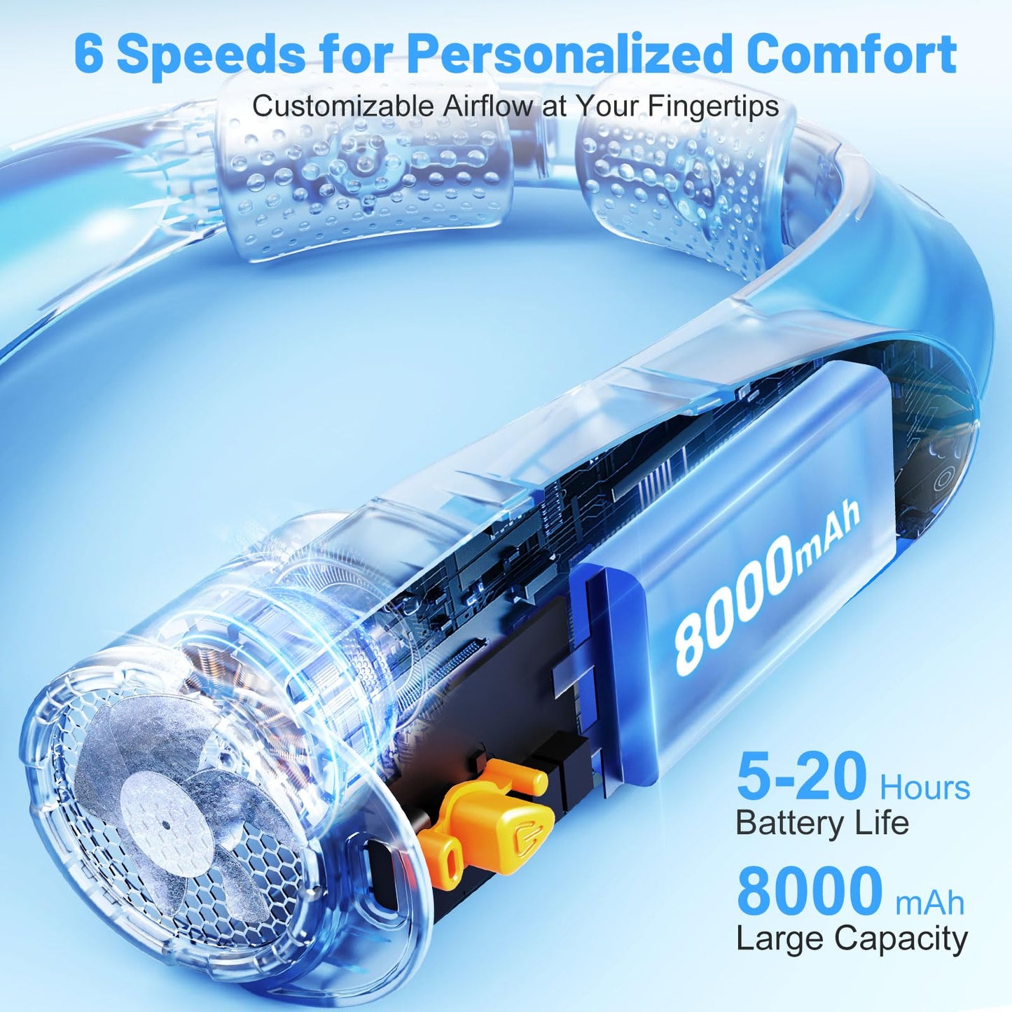 AI Portable Neck Fan with 6 Powerful Speeds, 8000mAh Battery Operated USB-C Rechargeable Fan, Hands-Free 360° Cooling Neck Fan,Twistable,Ultra-Quiet Personal Fan for Women Men Office Travel(Blue)