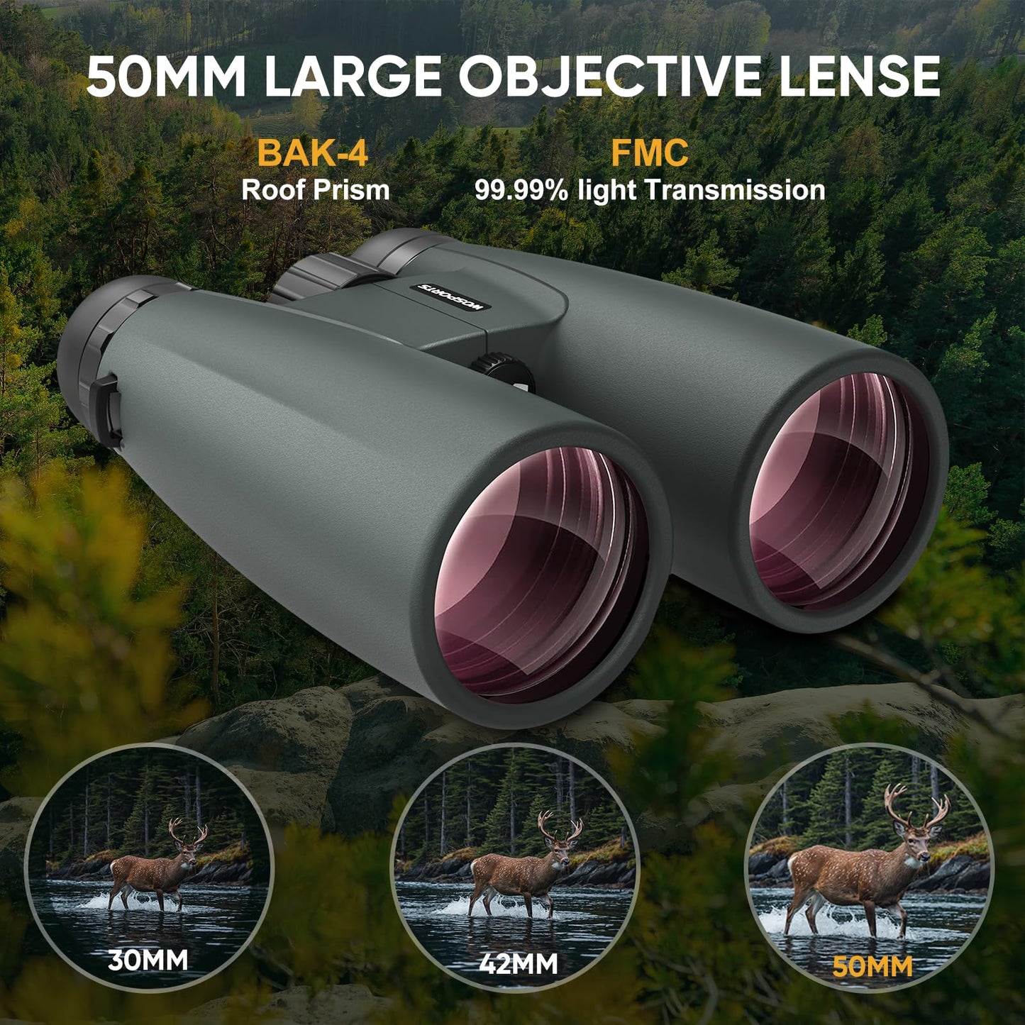WOSPORTS 10x42 Binoculars for Adults, IPX7 Waterproof Binoculars with Clear Low Light Vision, Compact Binoculars for Bird Watching Hunting Cruise Travel, Green, BC01-GRE