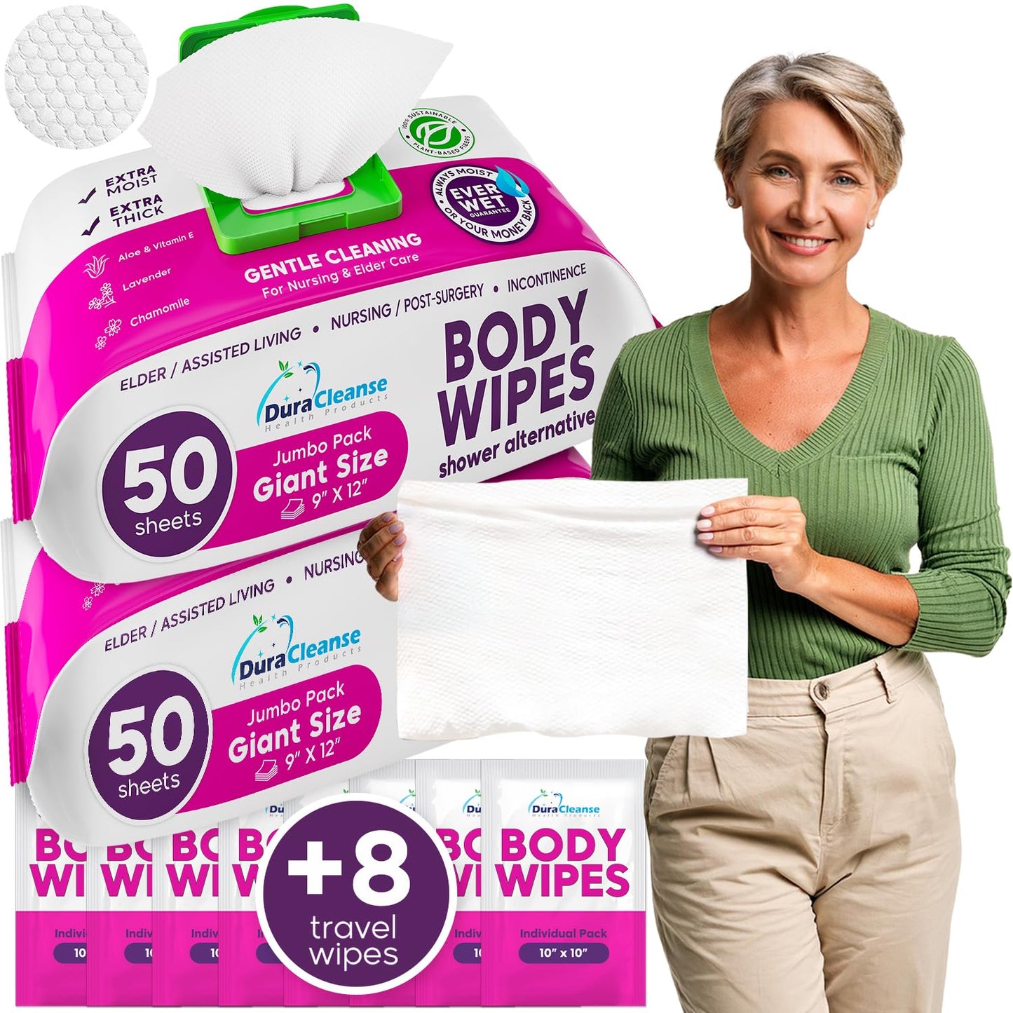 Body Wipes for Adults Bathing No Rinse - 20 Count Travel Shower Wipes - 9" x 12" Individually Wrapped Thick Cleansing Waterless Wash Scrubs - Disposable Washcloths for Camping & Elderly Incontinence