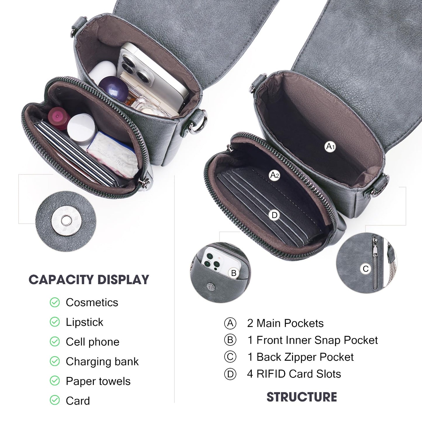 POIUGOYA Small Crossbody Bags for Women Trendy,Leather Triple Compartment Cell Phone Crossbody Wallet Purses with Card Slots