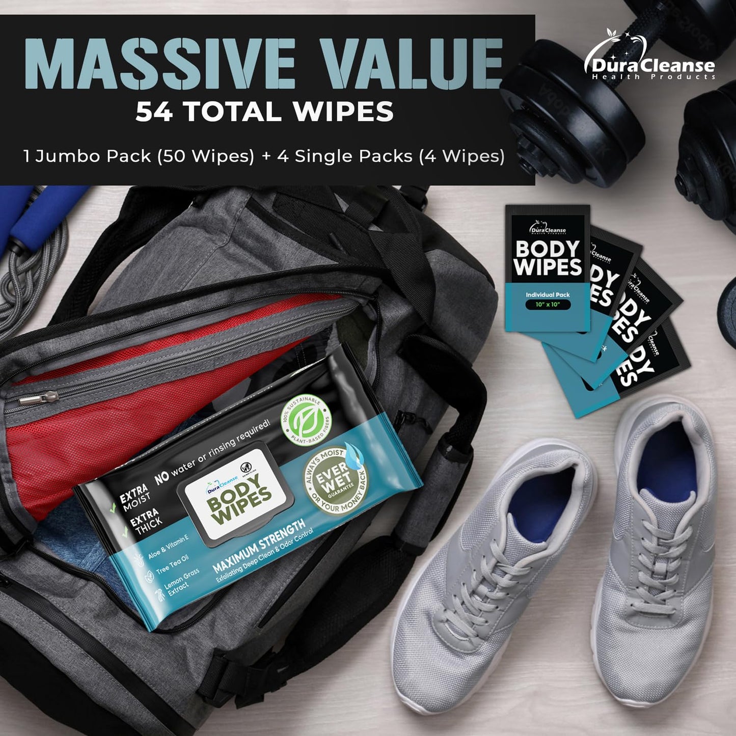 Body Wipes for Adults Bathing No Rinse - 20 Count Travel Shower Wipes - 9" x 12" Individually Wrapped Thick Cleansing Waterless Wash Scrubs - Disposable Washcloths for Camping & Elderly Incontinence