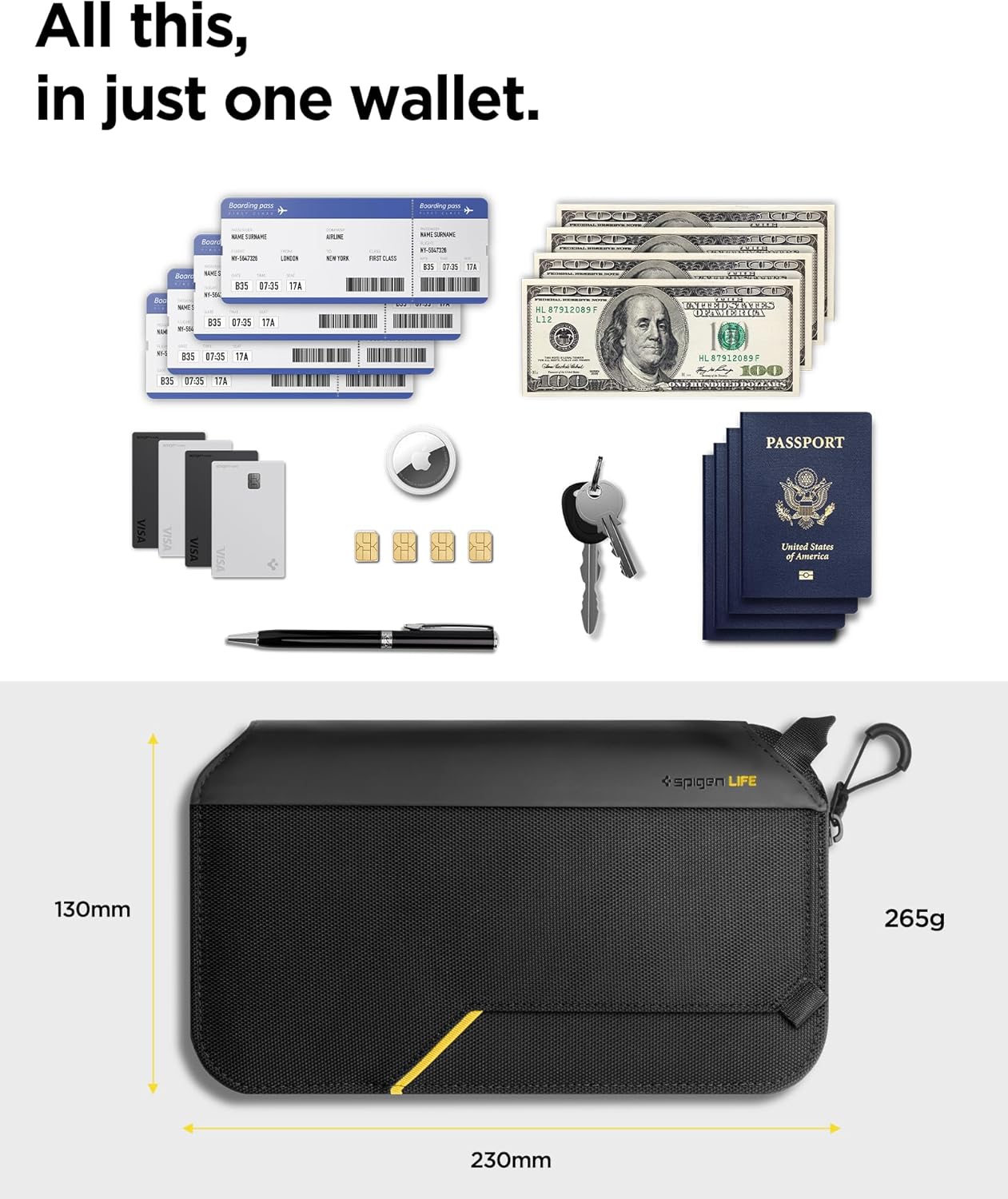 Spigen Life Passport Holder for Family, Passport Wallet Travel Documents Organizer Passport Holder with RFID Blocking, SIM Card Holder and Eject Pin, Wrist strap, up to 4 Passports- Black