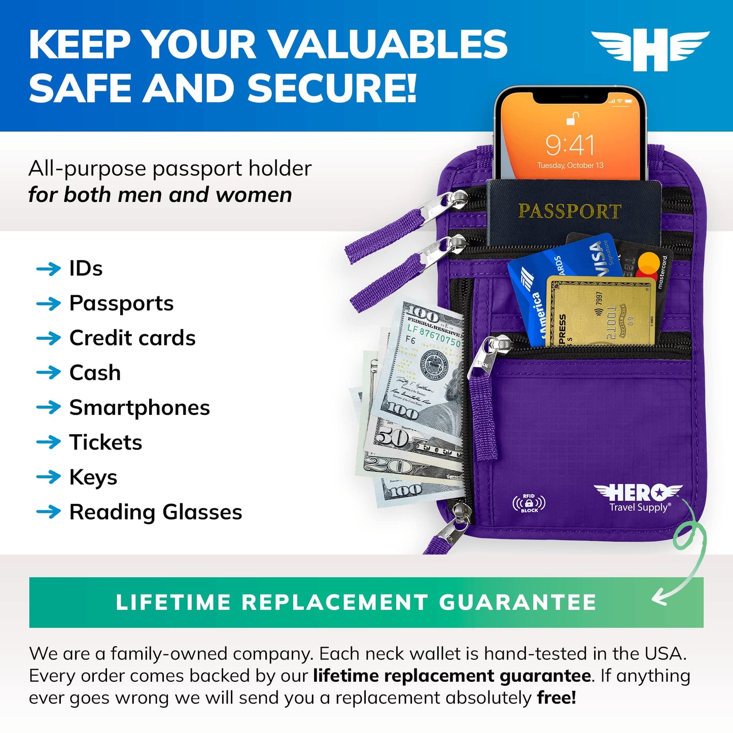 HERO Neck Wallet, RFID Blocking Passport Holder, Easy to Conceal Travel Pouch