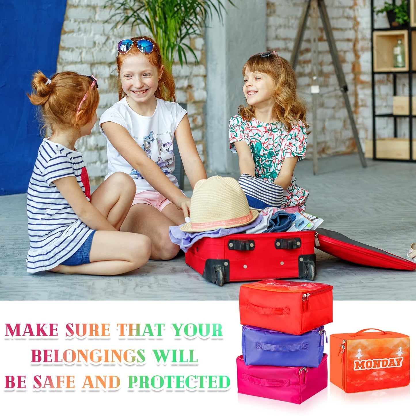 Paterr 14 Pcs Packing Cubes for Travel Kids Days of Week Compression Packing Cubes Colorful Luggage Organizers Suitcase Camp