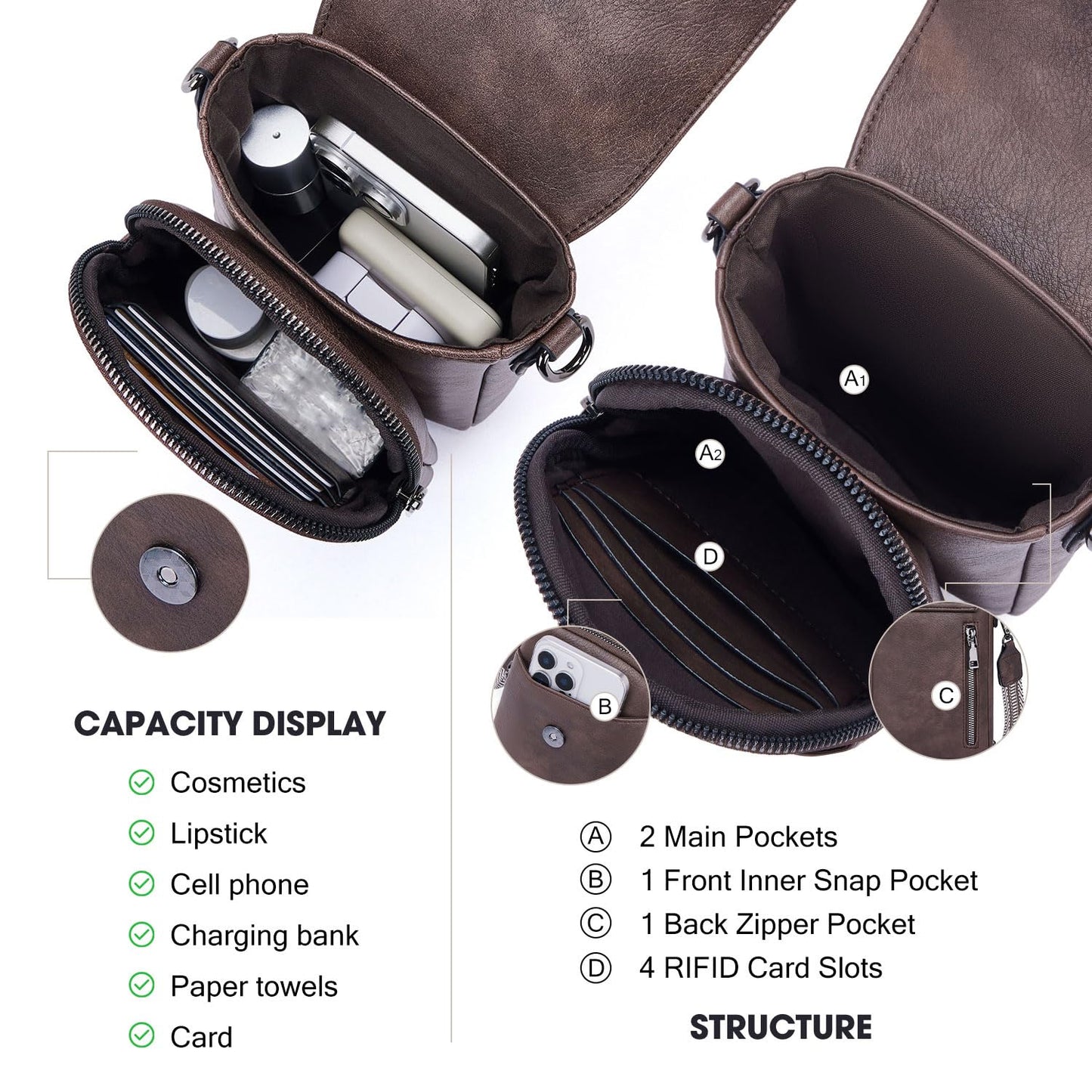 POIUGOYA Small Crossbody Bags for Women Trendy,Leather Triple Compartment Cell Phone Crossbody Wallet Purses with Card Slots