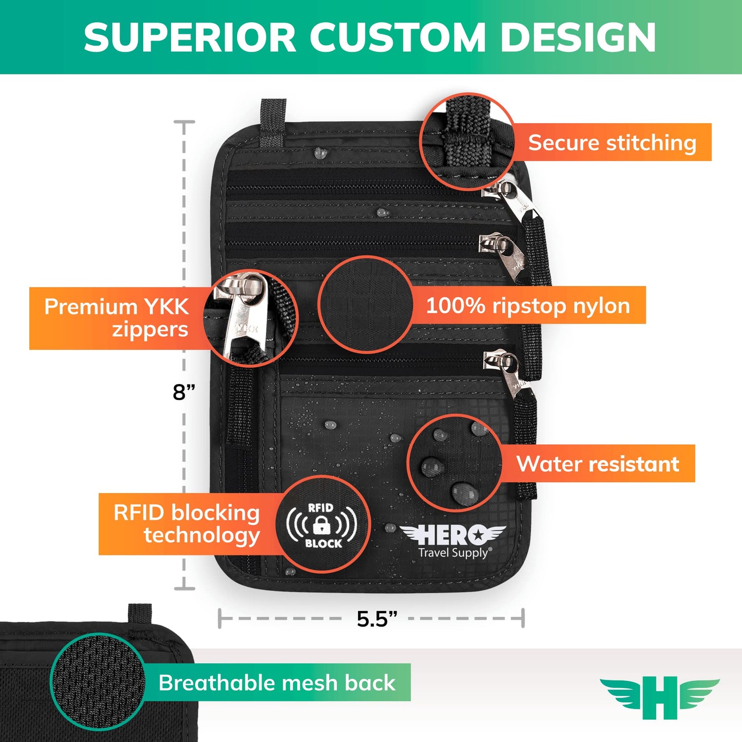 HERO Neck Wallet, RFID Blocking Passport Holder, Easy to Conceal Travel Pouch