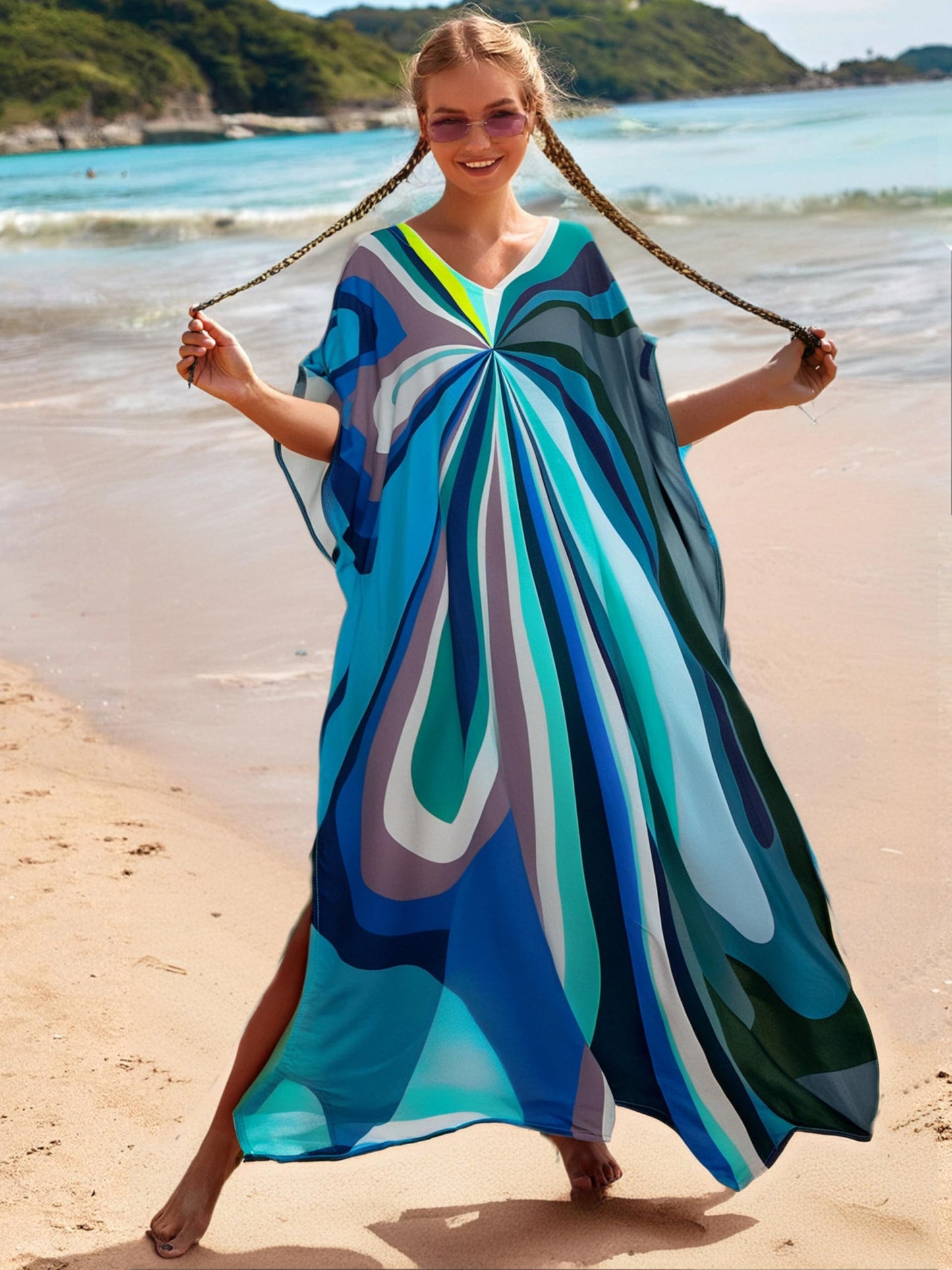 RanRui Floral Print Kaftan Dresses for Women Ethnic Boho Print Swim Cover up Batwing Sleeve Vneck Caftans