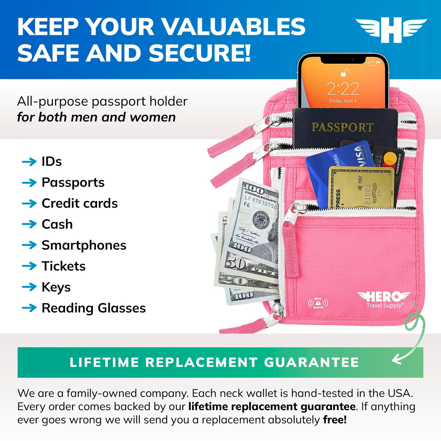 HERO Neck Wallet, RFID Blocking Passport Holder, Easy to Conceal Travel Pouch