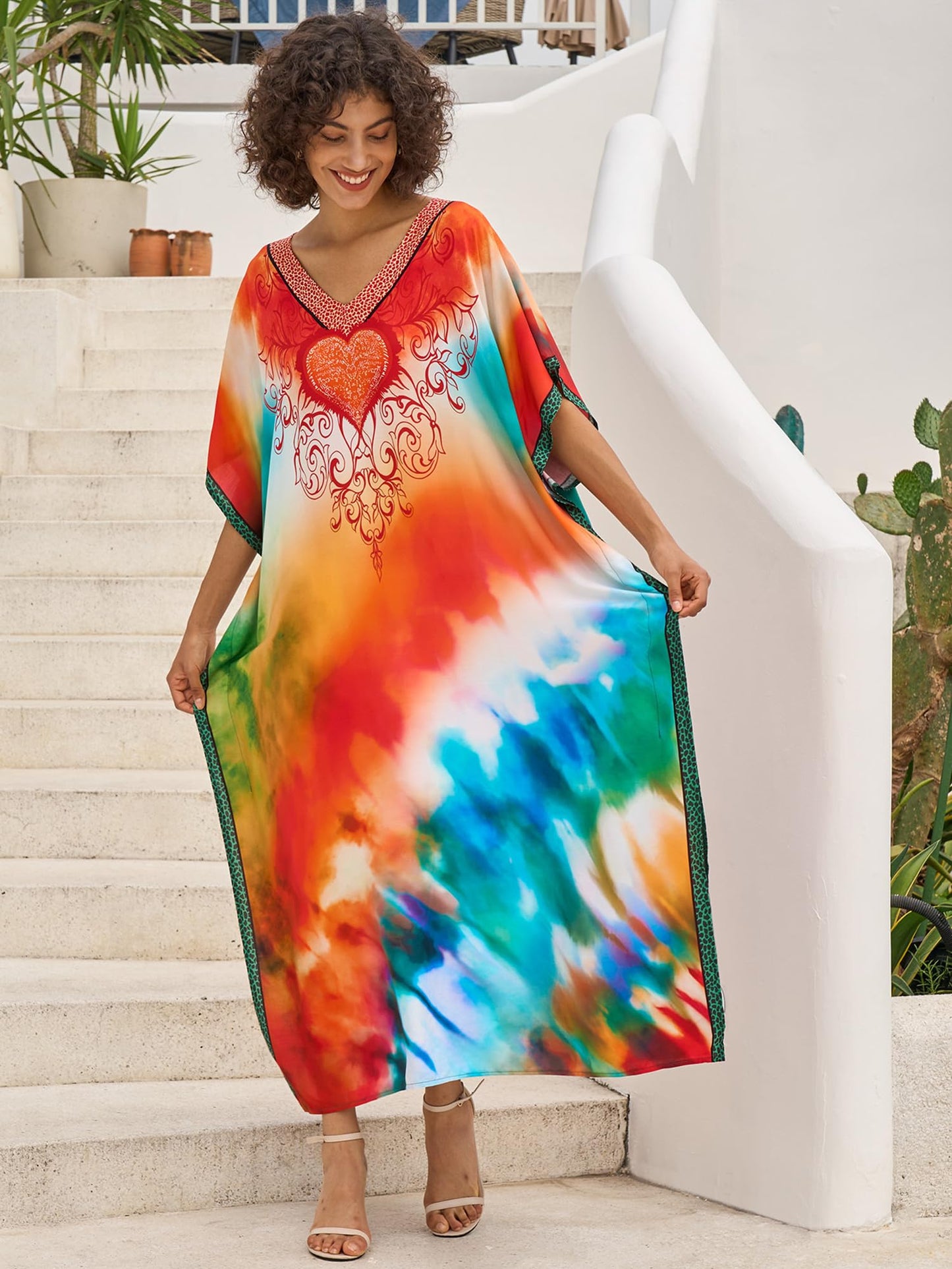 Chunoy Women V Neck Kaftan Casual Bathing Suit Kimono Sleeve Side Split Beach Cover Up Caftan Dress