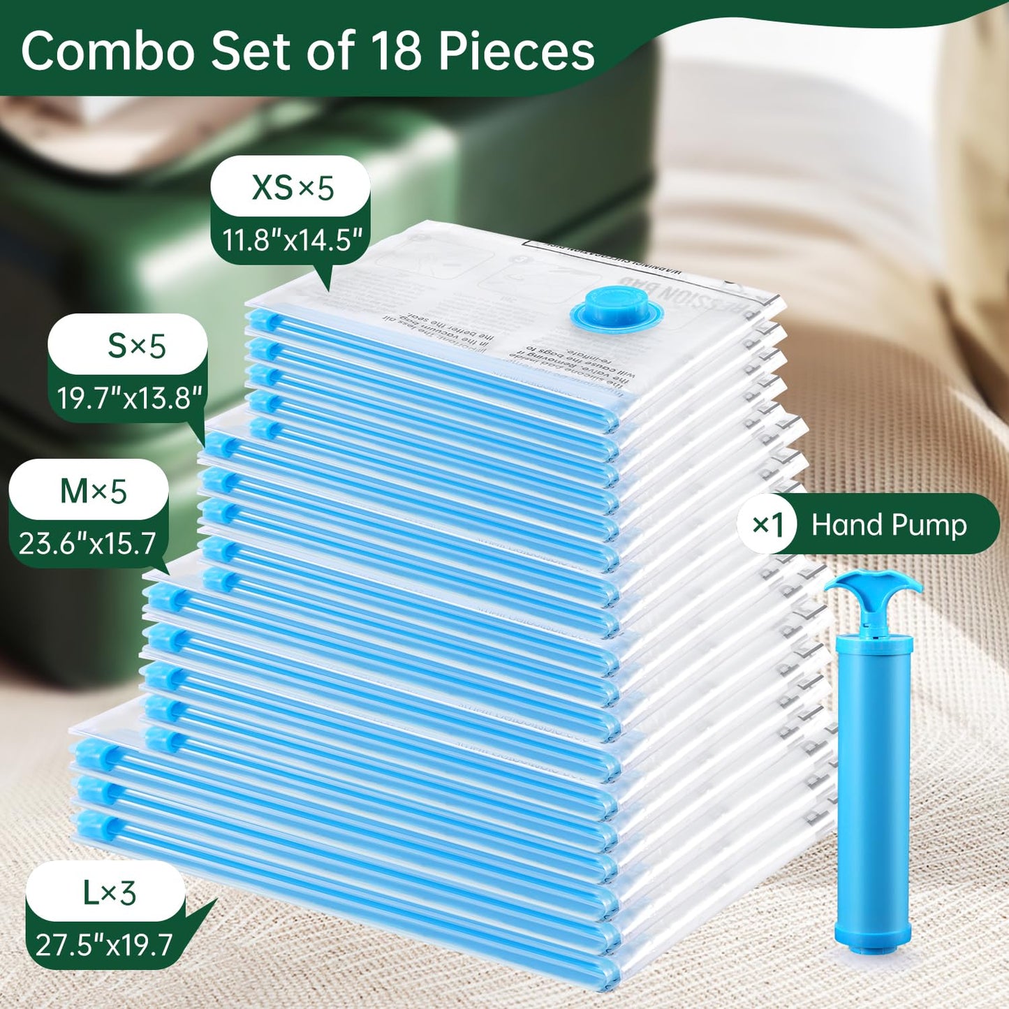 BRODI 10 Combo Pack Travel Vacuum Bags with Pump - Space Saver & Travel Essentials, Clothing & Luggage Vacuum Seal Bags