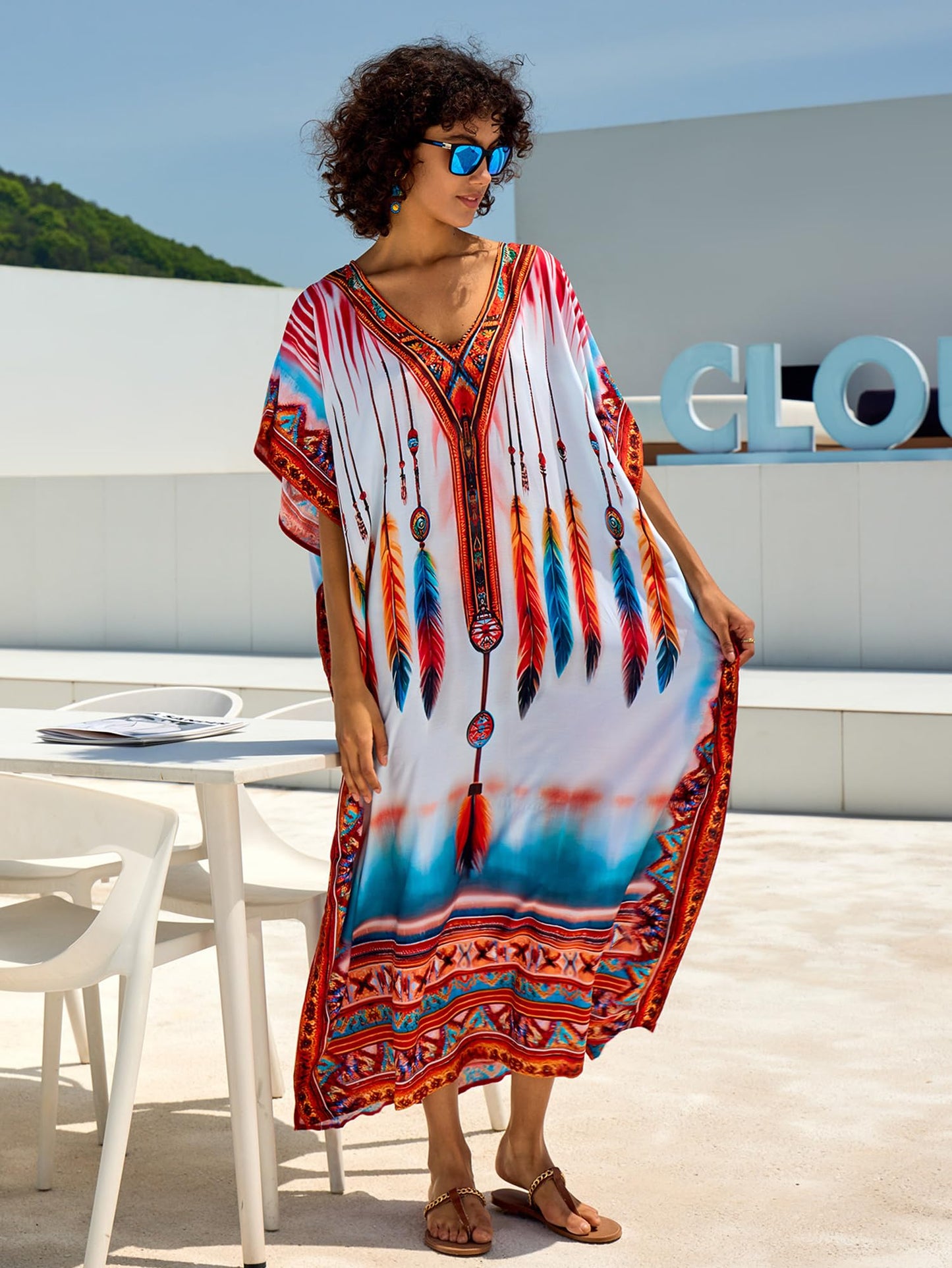 Chunoy Women V Neck Kaftan Casual Bathing Suit Kimono Sleeve Side Split Beach Cover Up Caftan Dress