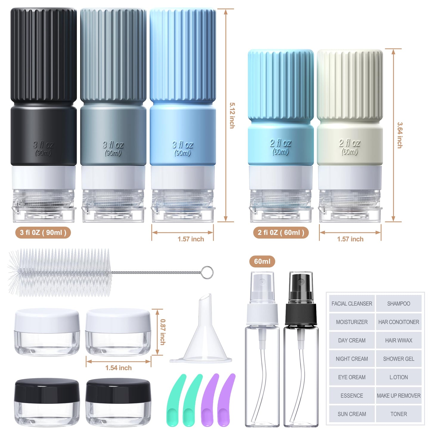 19 pack Travel Bottles for Toiletries,TSA Approved Silicone Travel Containers jar for Toiletries,Leak Proof 3oz Refillable Liqus Shampoo And Conditioner Travel Essentials toiletry (black)