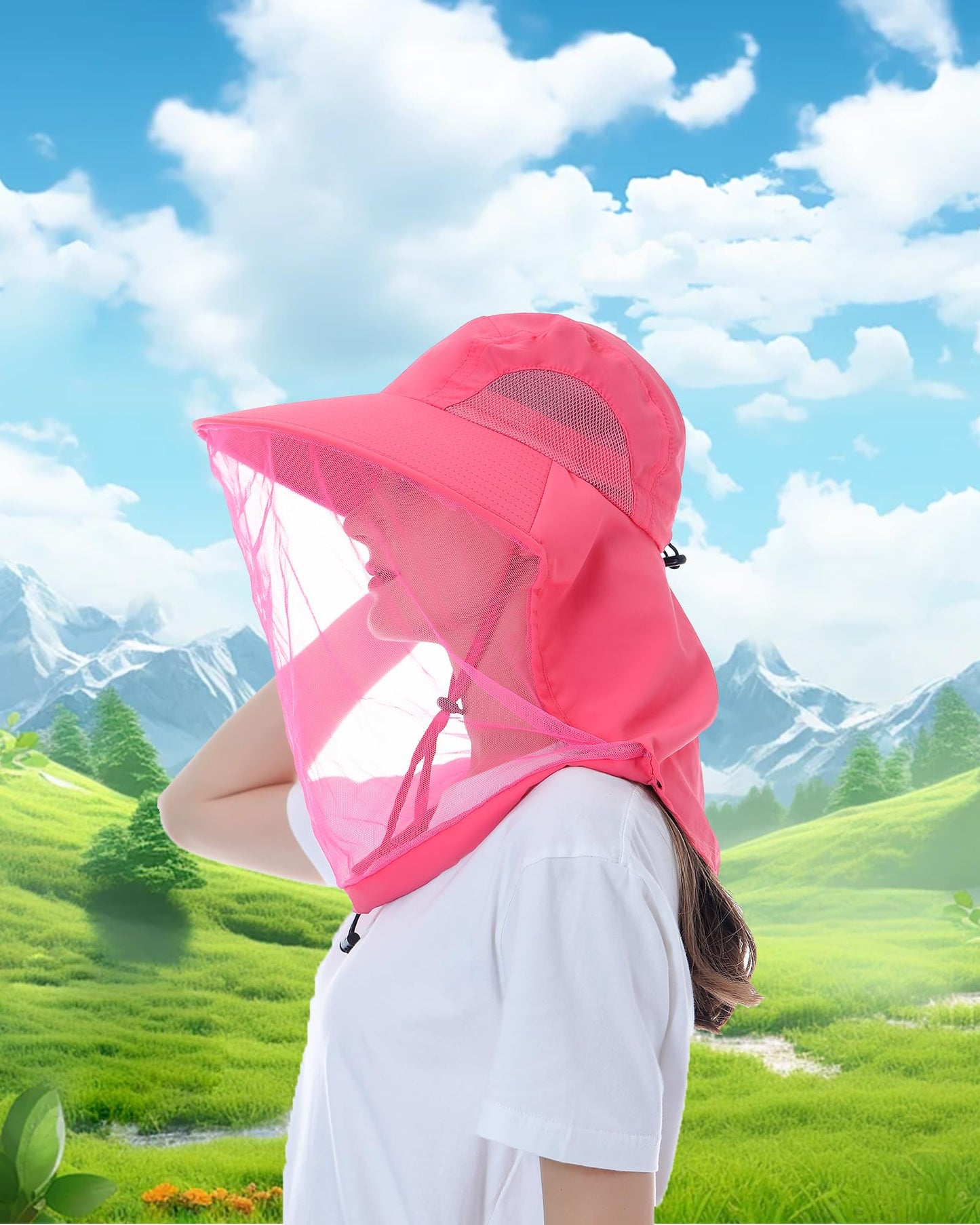 Womens Sun Hat Outdoor UV Protection Wide Brim Fishing Hat with Ponytail Hole Neck Flap for Beach Hiking Camping