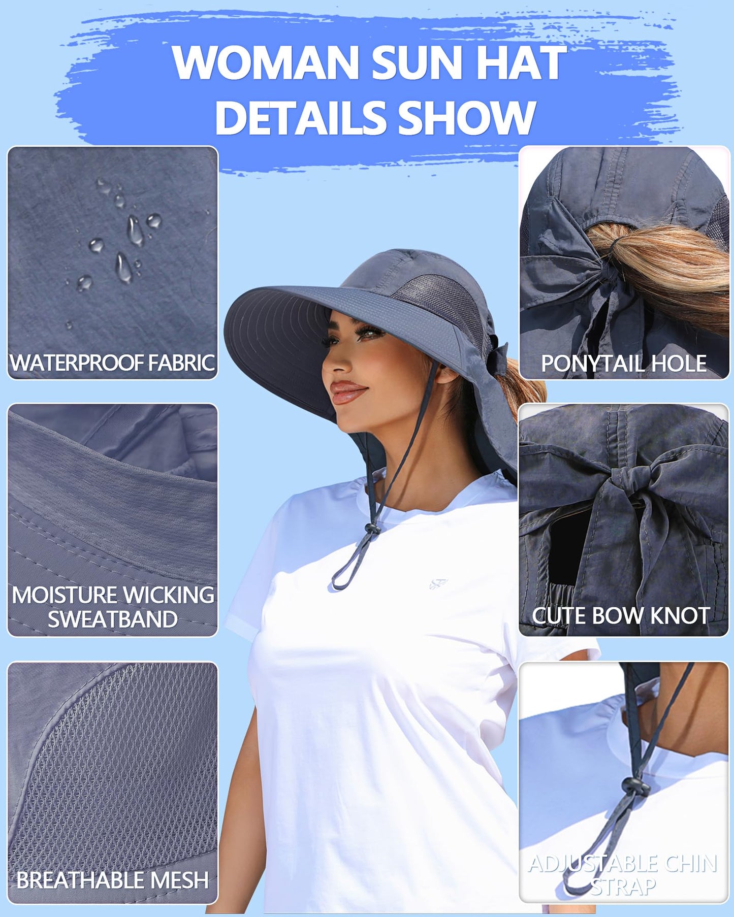 Womens Sun Hat Outdoor UV Protection Wide Brim Fishing Hat with Ponytail Hole Neck Flap for Beach Hiking Camping