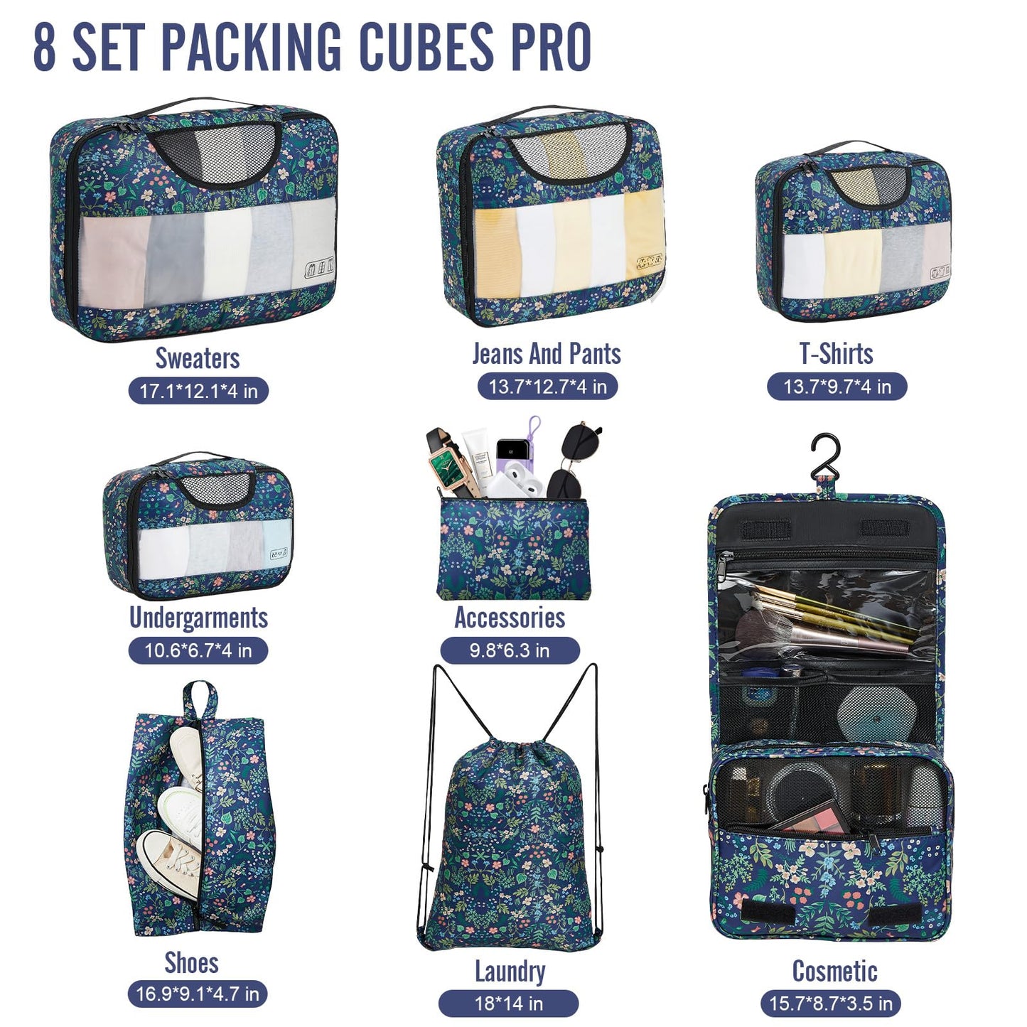 Veken 8 Set Packing Cubes for Travel Essentials, Suitcase Organizer Bags Set for Luggage, Road Trip Travel Accessories in 4 Sizes (Extra Large, Large, Medium, Small)