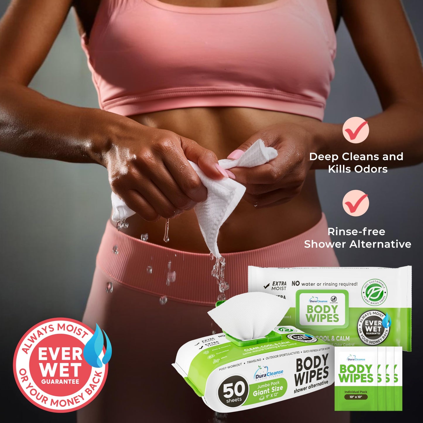 Body Wipes for Adults Bathing No Rinse - 20 Count Travel Shower Wipes - 9" x 12" Individually Wrapped Thick Cleansing Waterless Wash Scrubs - Disposable Washcloths for Camping & Elderly Incontinence