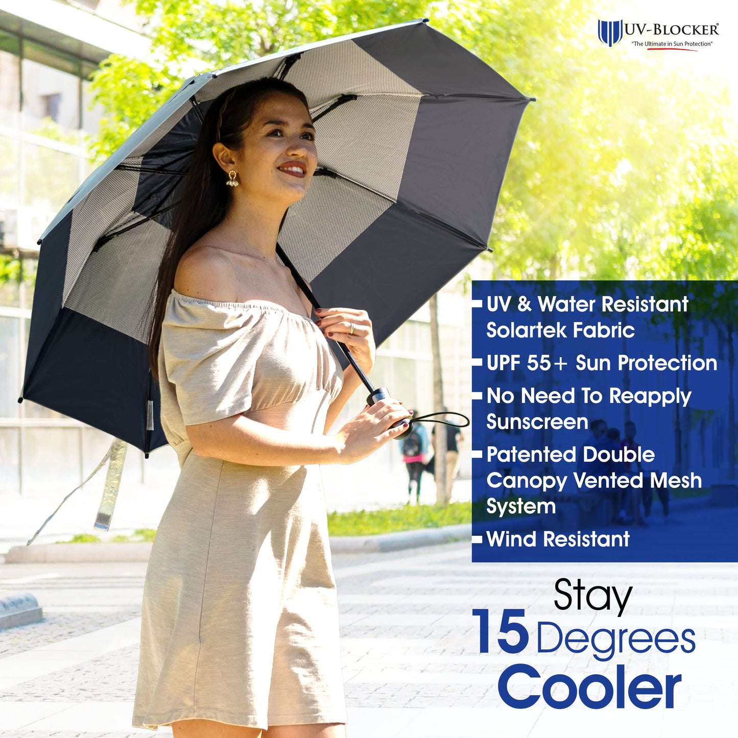 UV-Blocker Compact Sun Protection UV Umbrella - Auto Open/Close - Double Vented Canopy - Windproof Sun Umbrella for Walking - 55+ UPF - 42"/44"/58"
