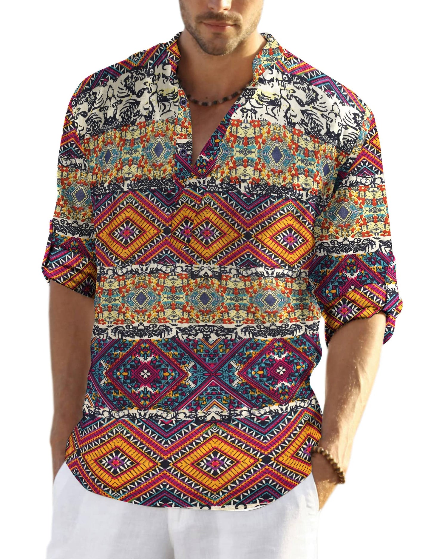 COOFANDY Men's Cotton Linen Henley T-Shirts Long Sleeve Hippie Casual Beach T-Shirts